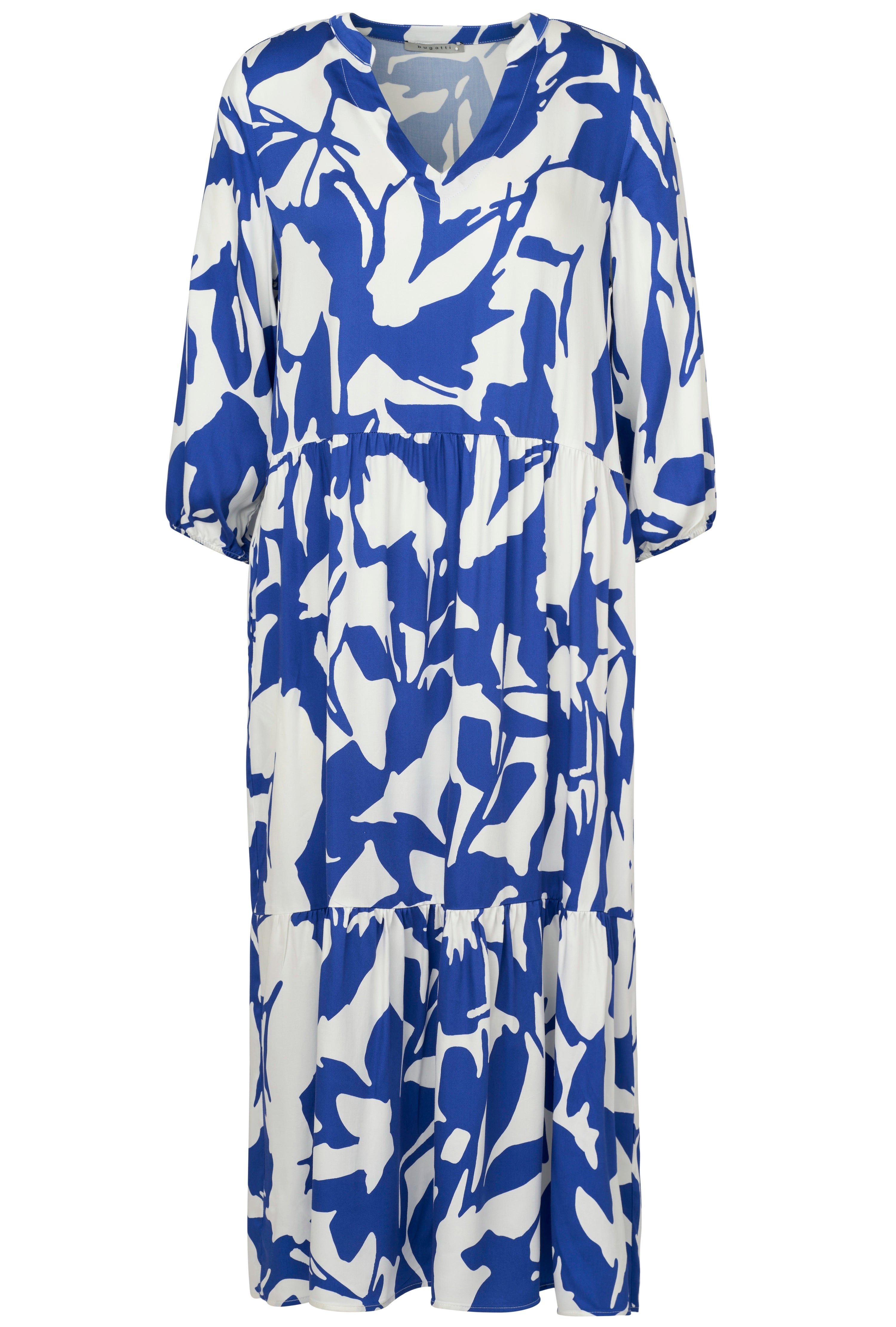 Blau-weißes bugatti Kleid mit abstraktem Muster, lockerer Schnitt, Büstenbild.