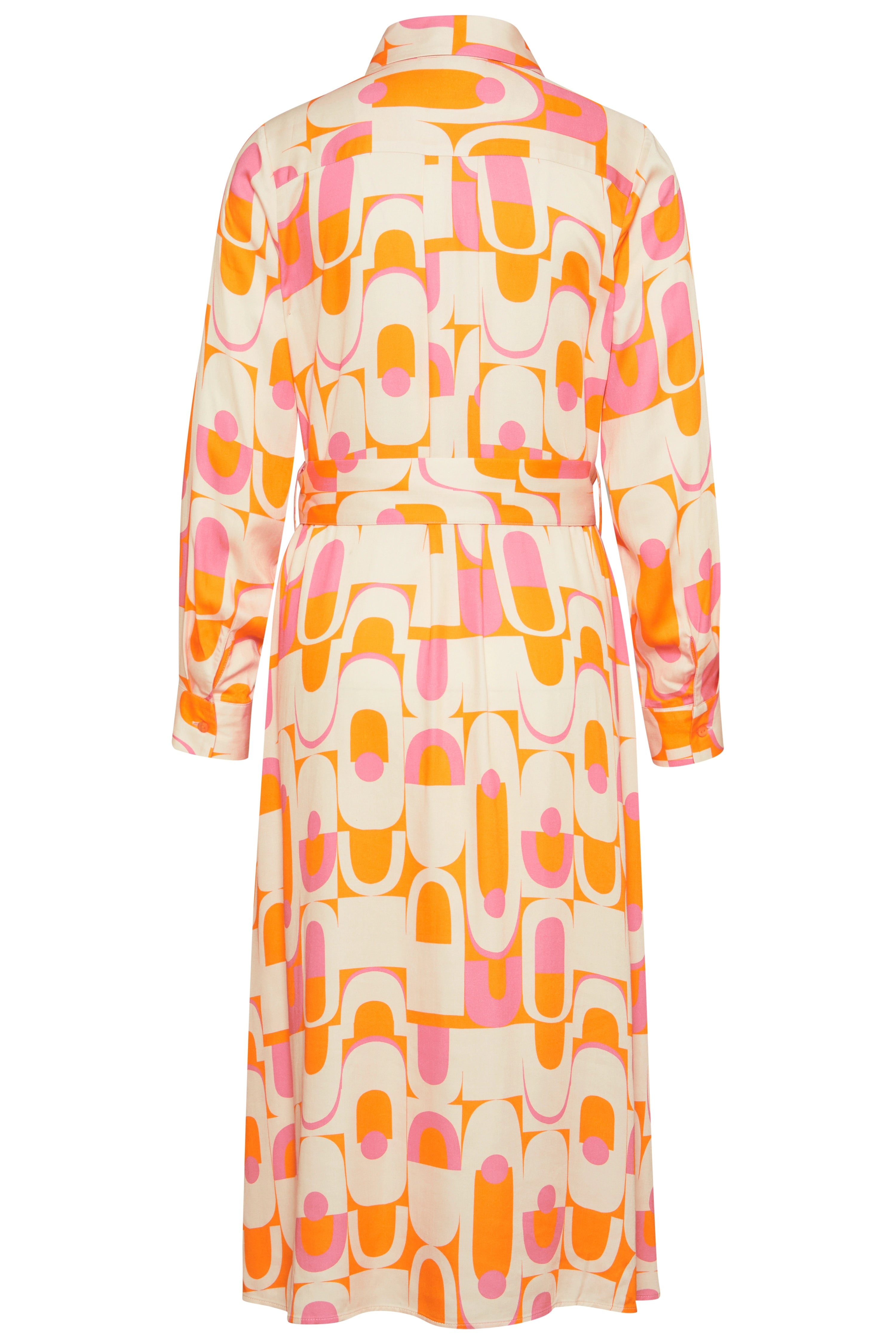 bugatti dress with geometric pattern in orange and pink, back view, casual.