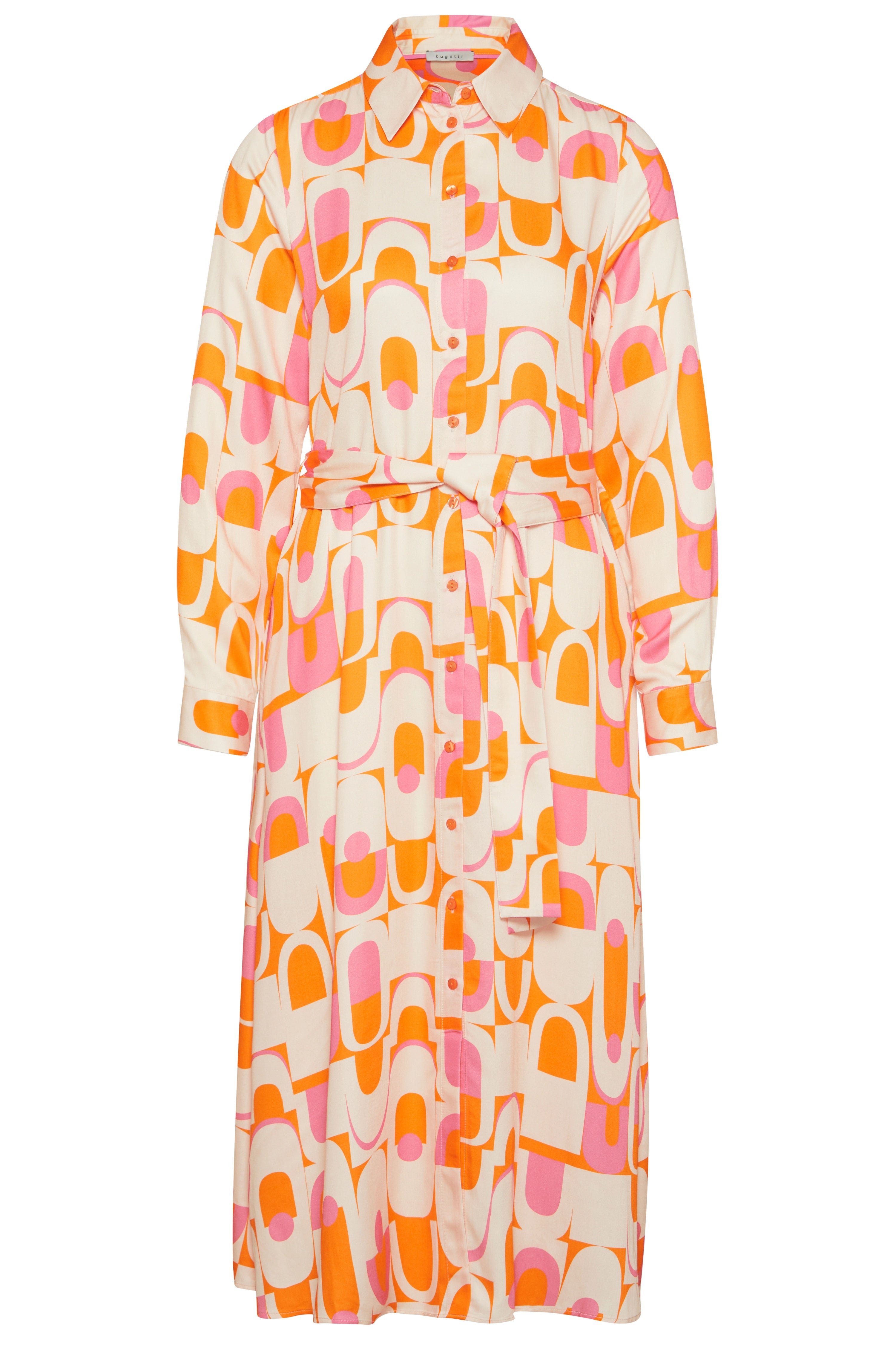 bugatti shirt dress with orange-pink retro pattern, bust view.