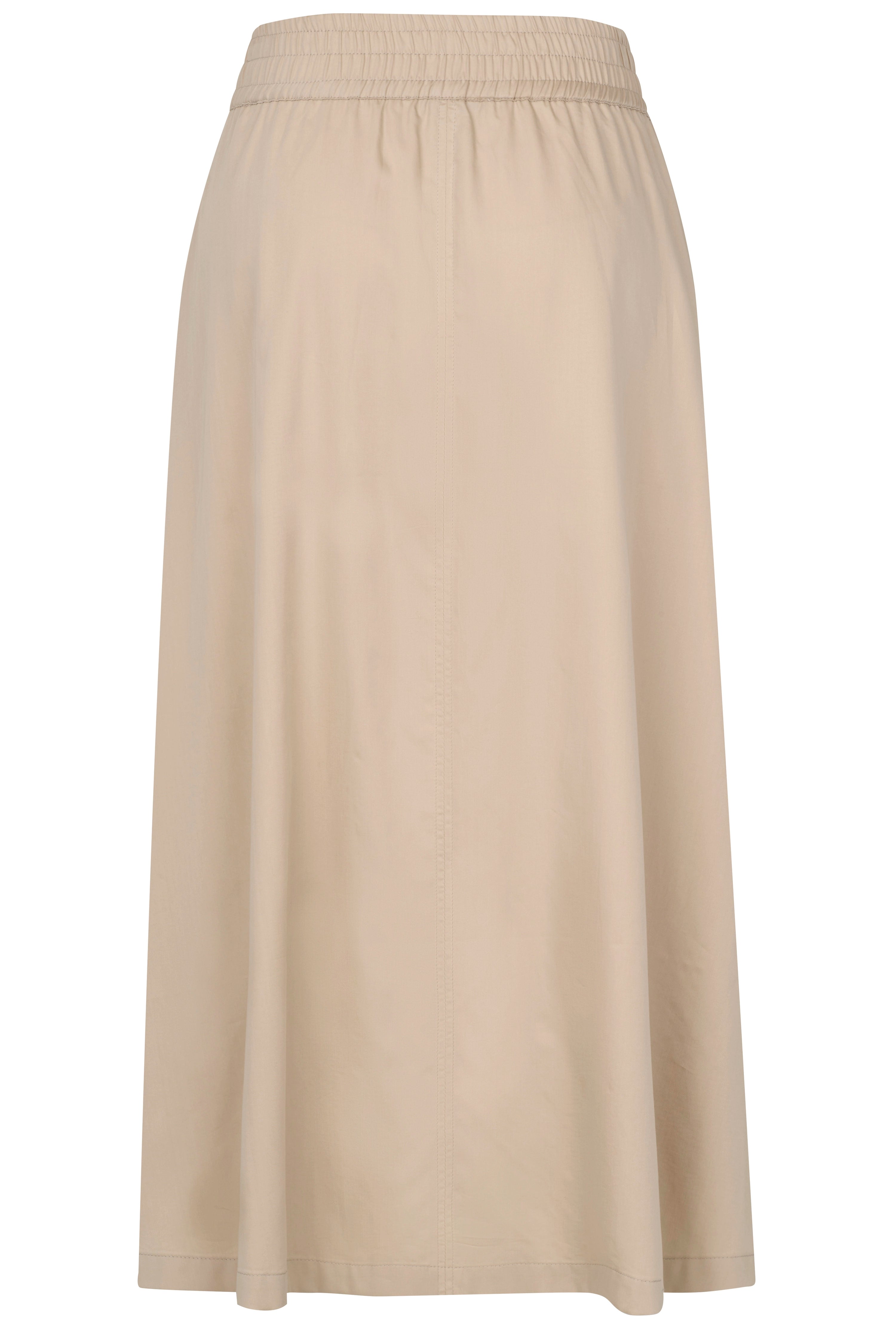 Beige bugatti skirt, casual bust image, elastic waistband, knee-length, timeless style.