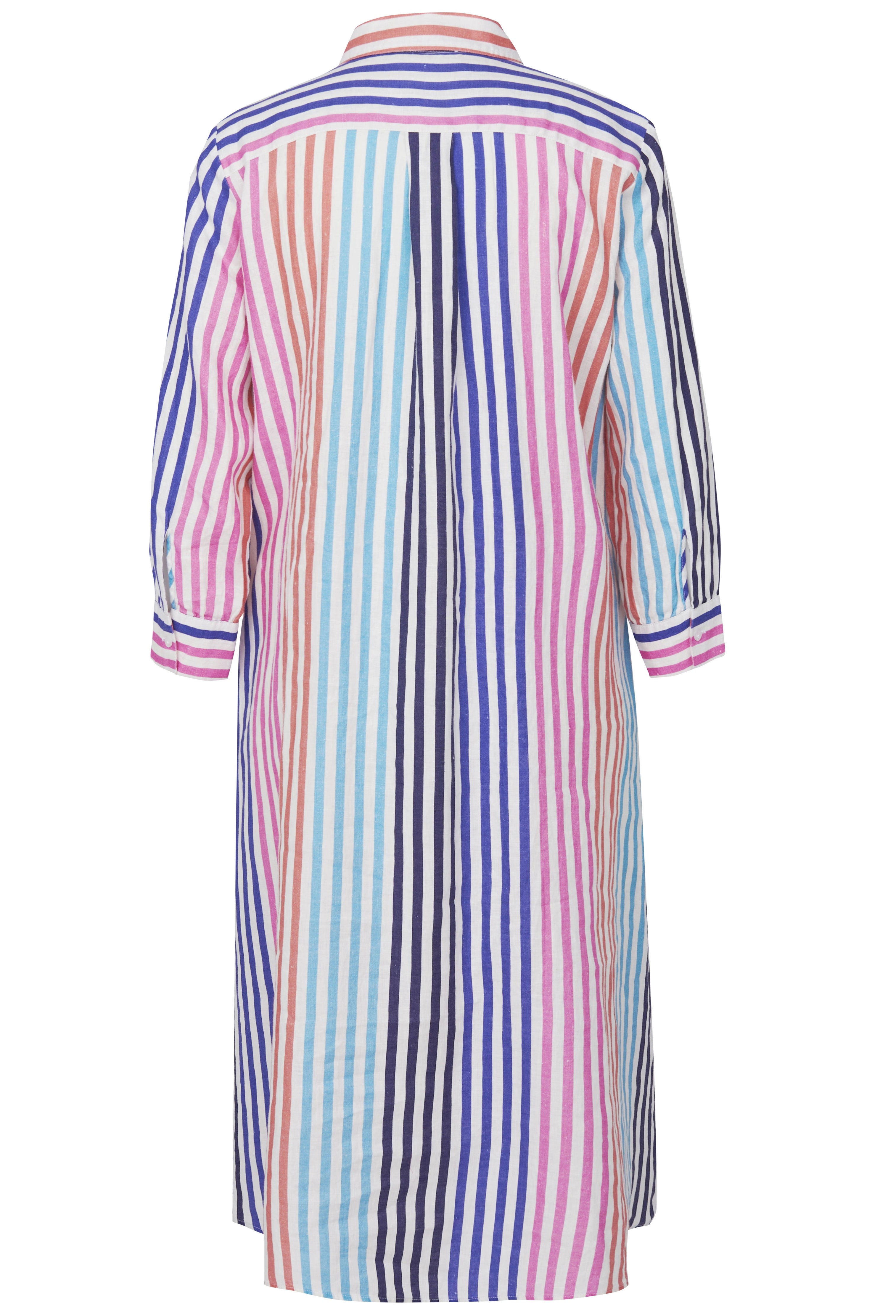 Streifenhemdkleid in Blau, Rosa und Weiß, legerer Look, Rückansicht.
