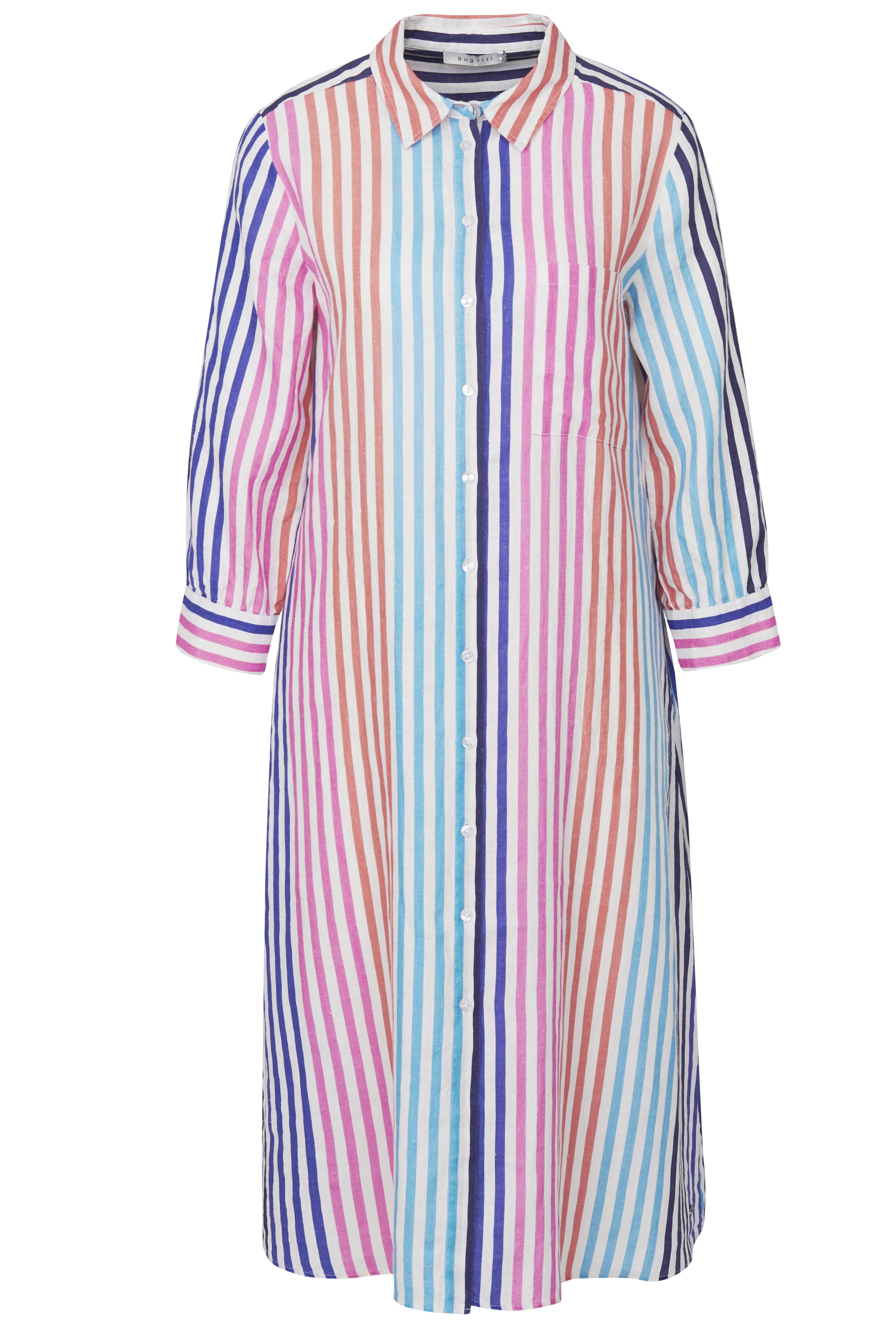 Gestreiftes Hemdblusenkleid in bunten Farben, Büstenbild, stilvoll und lebendig von bugatti.