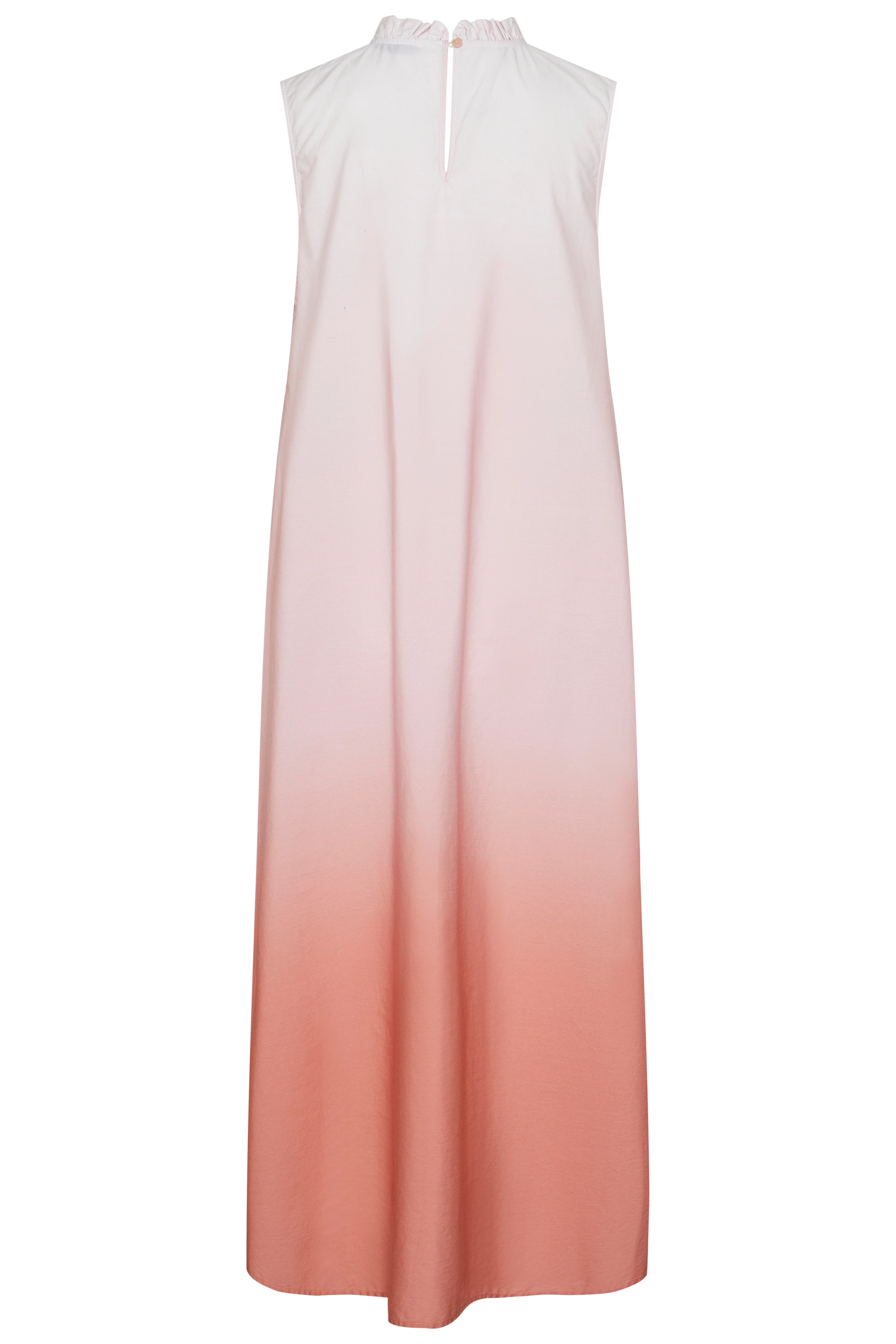 Ärmelloses, bodenlanges ombre Kleid in Rosa und Weiß, Büstenbild.