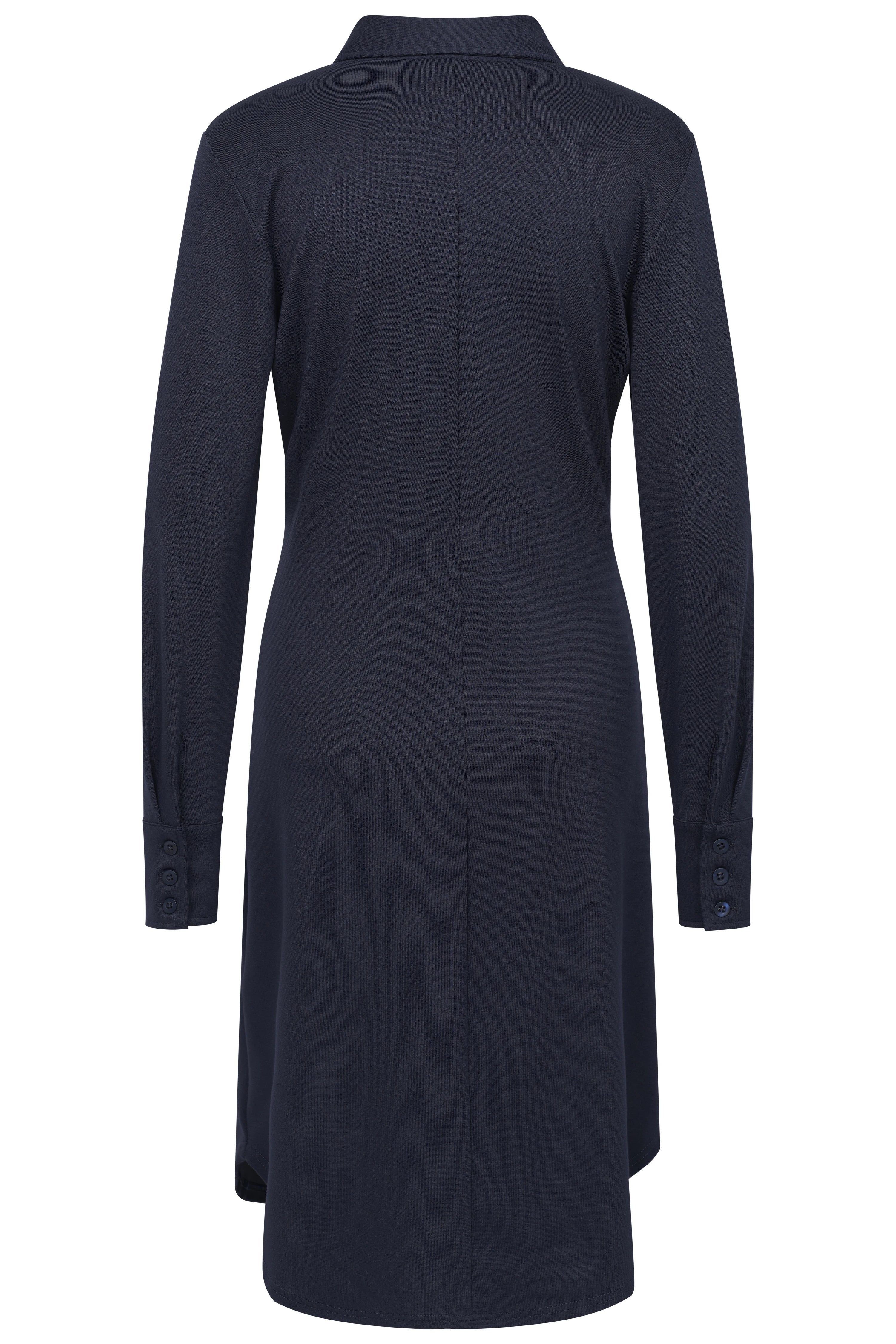 Long navy bugatti shirt, back view, casual style, elegant button details on cuffs.