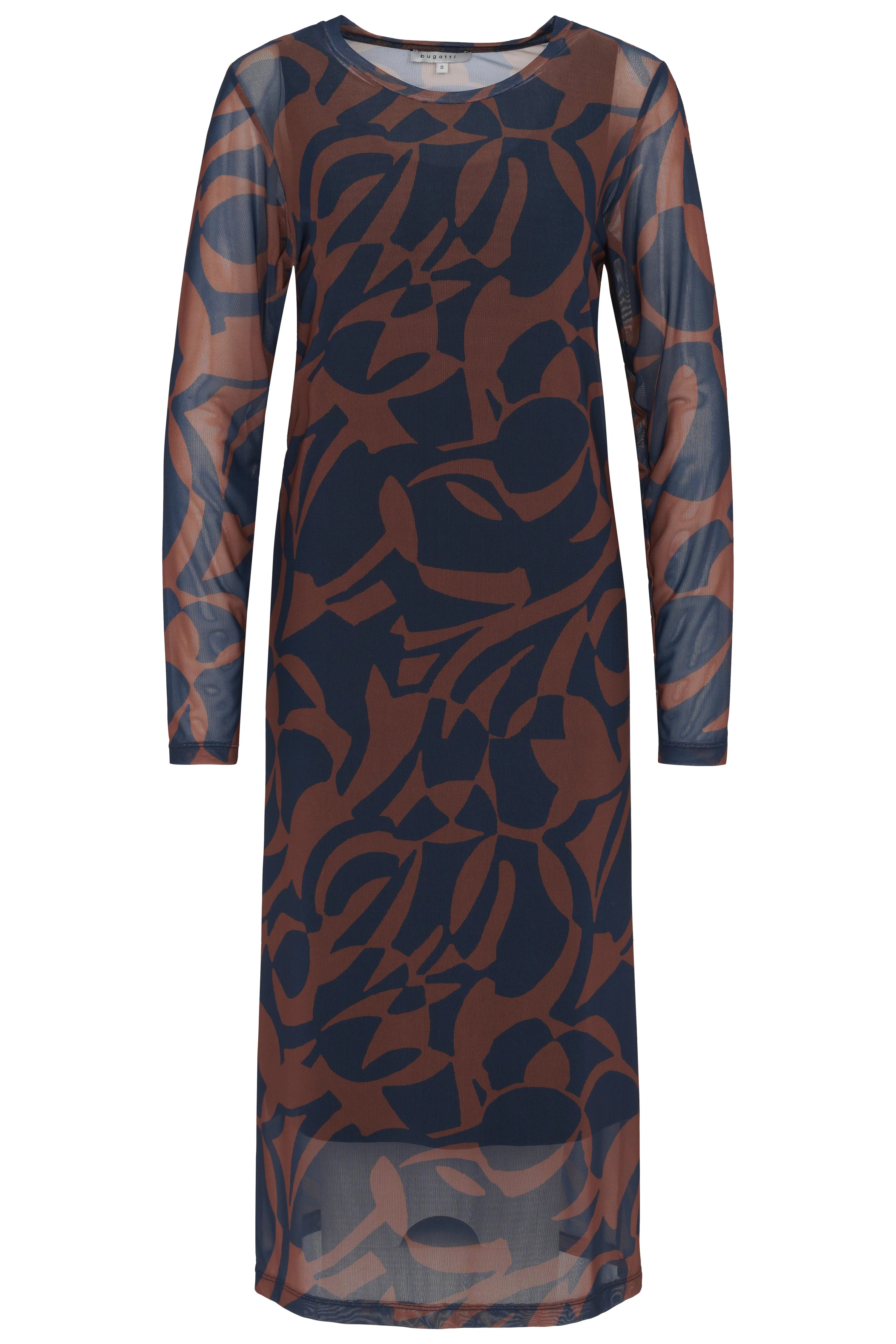 Langes bugatti Kleid in Braun-Blau mit abstraktem Muster, Büstenbild.