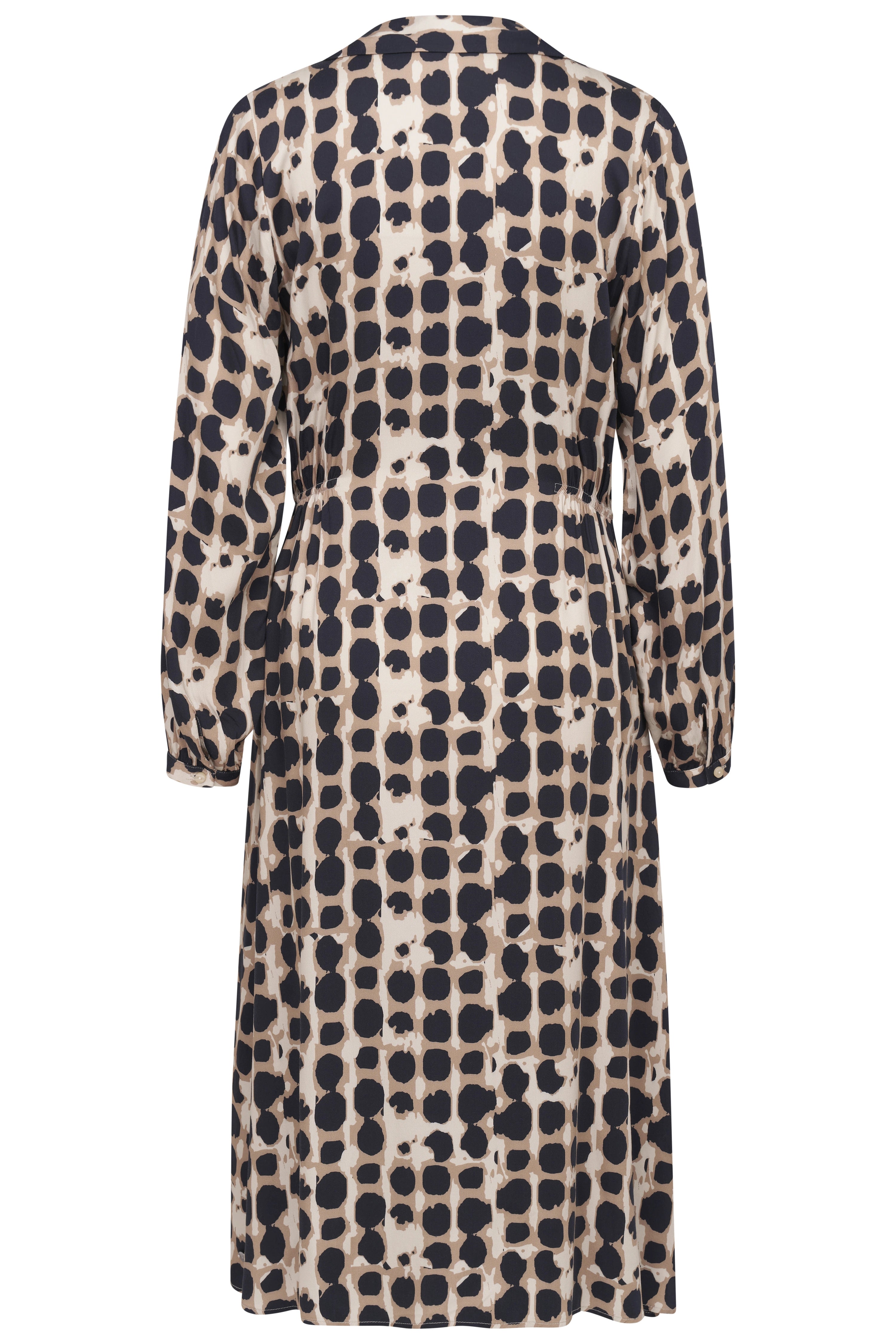 Langärmeliges bugatti-Kleid mit geometrischem Muster in Beige und Schwarz, Rückansicht, legeres Design.
