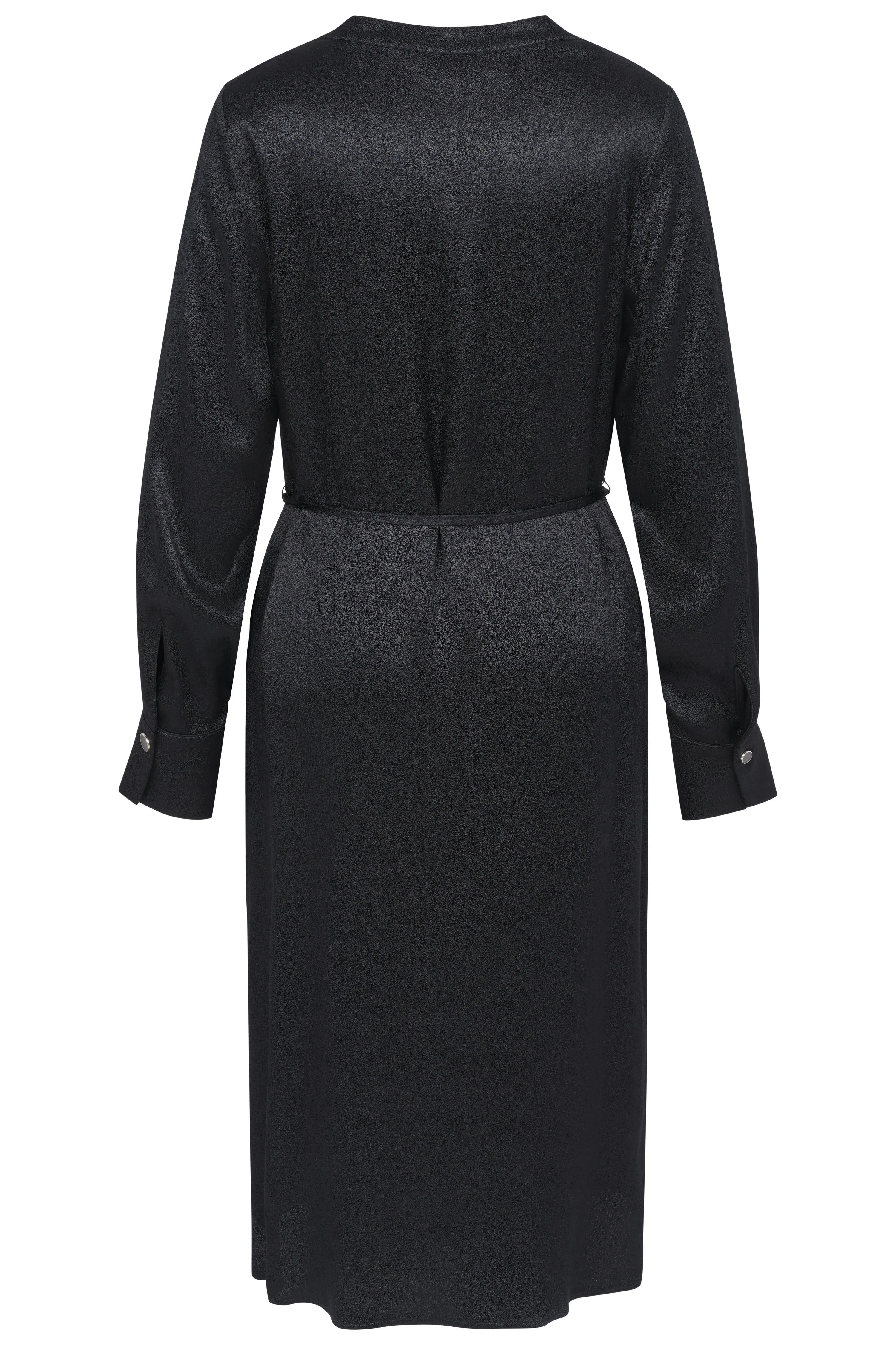 Long black bugatti dress, back view, with long sleeves and button details, displayed on mannequin.