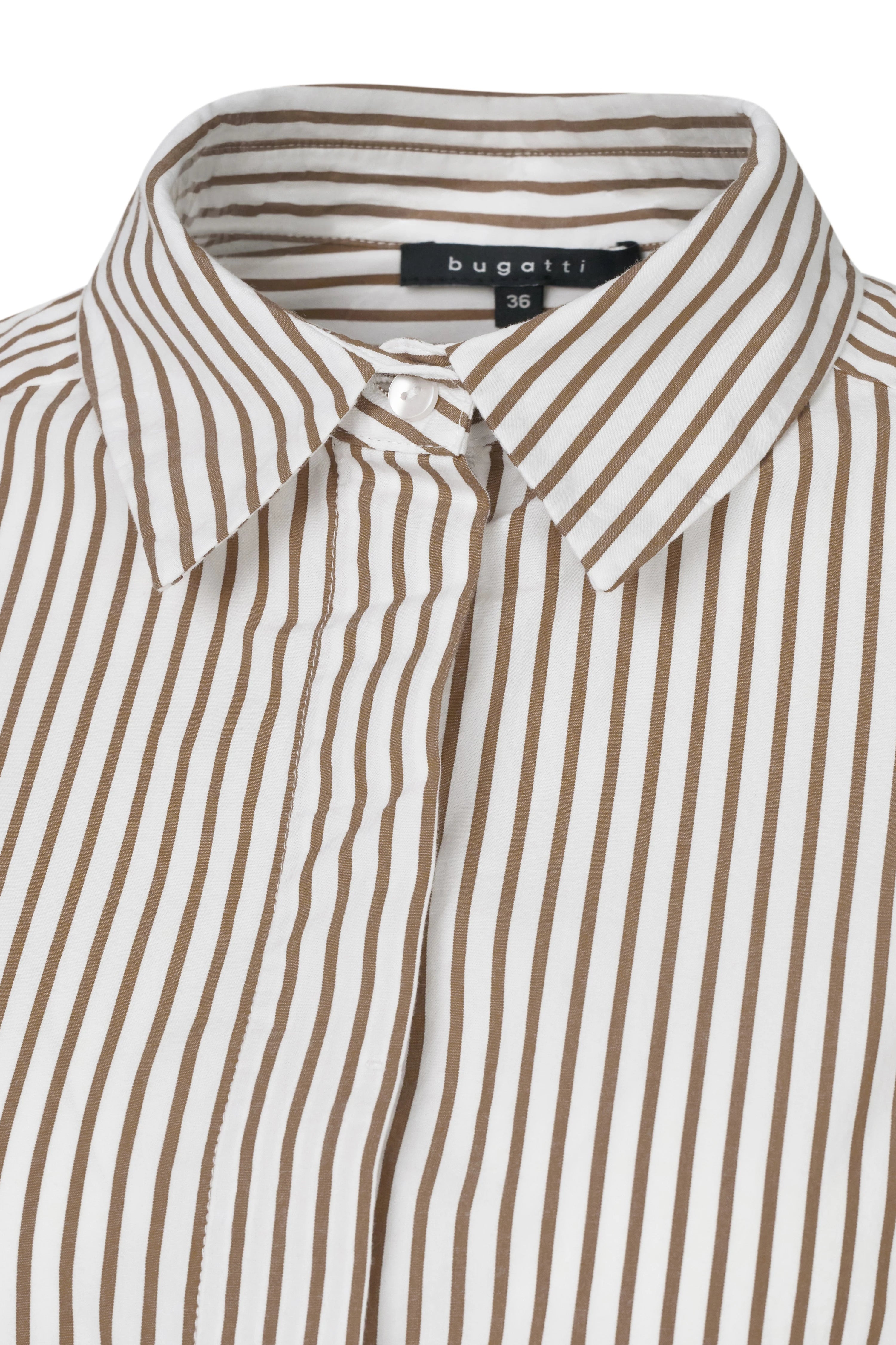 bugatti shirt, brown-white stripes, bust shot. Elegant design for timeless style.