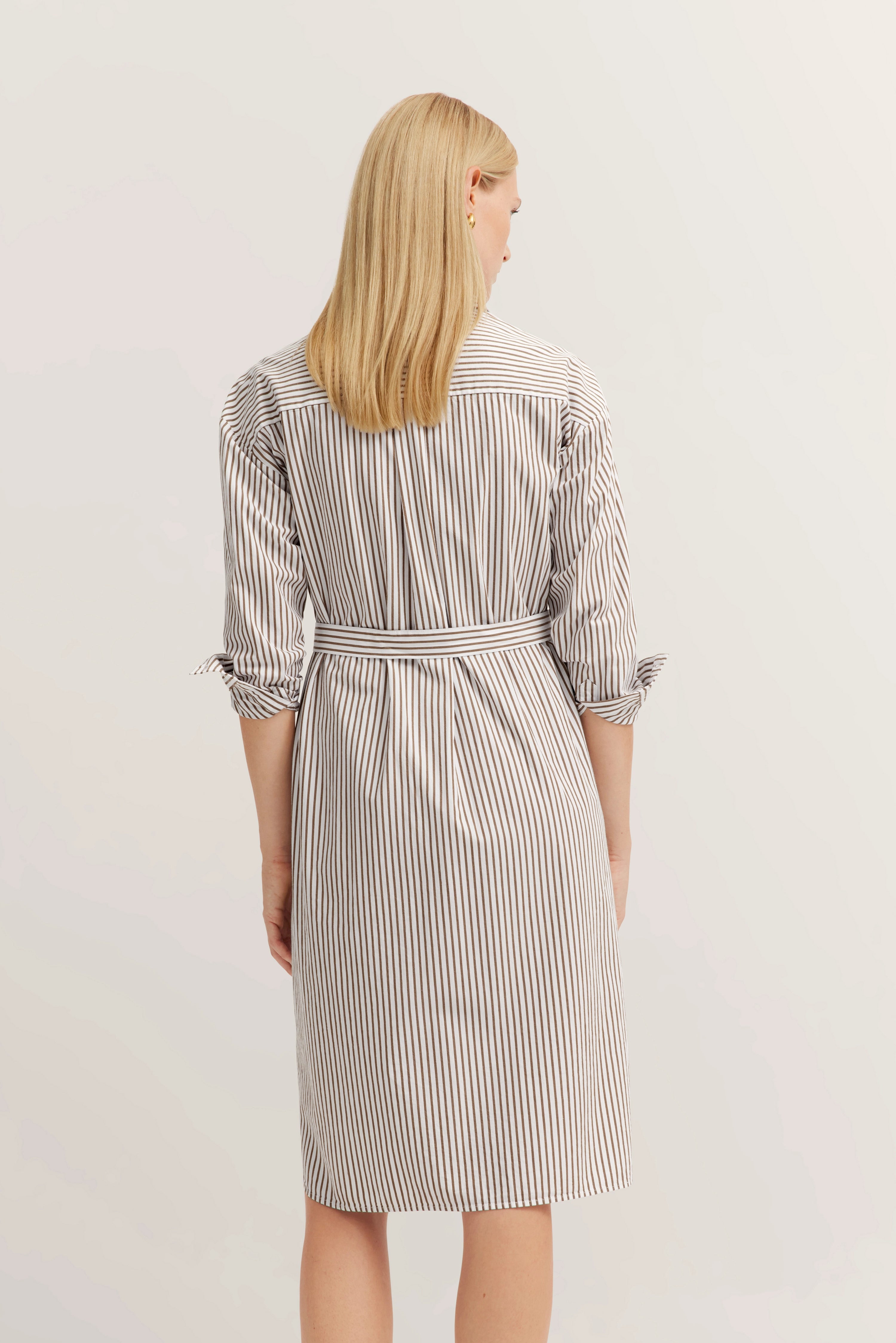 Striped blue-white dress, back view, relaxed arm pose.