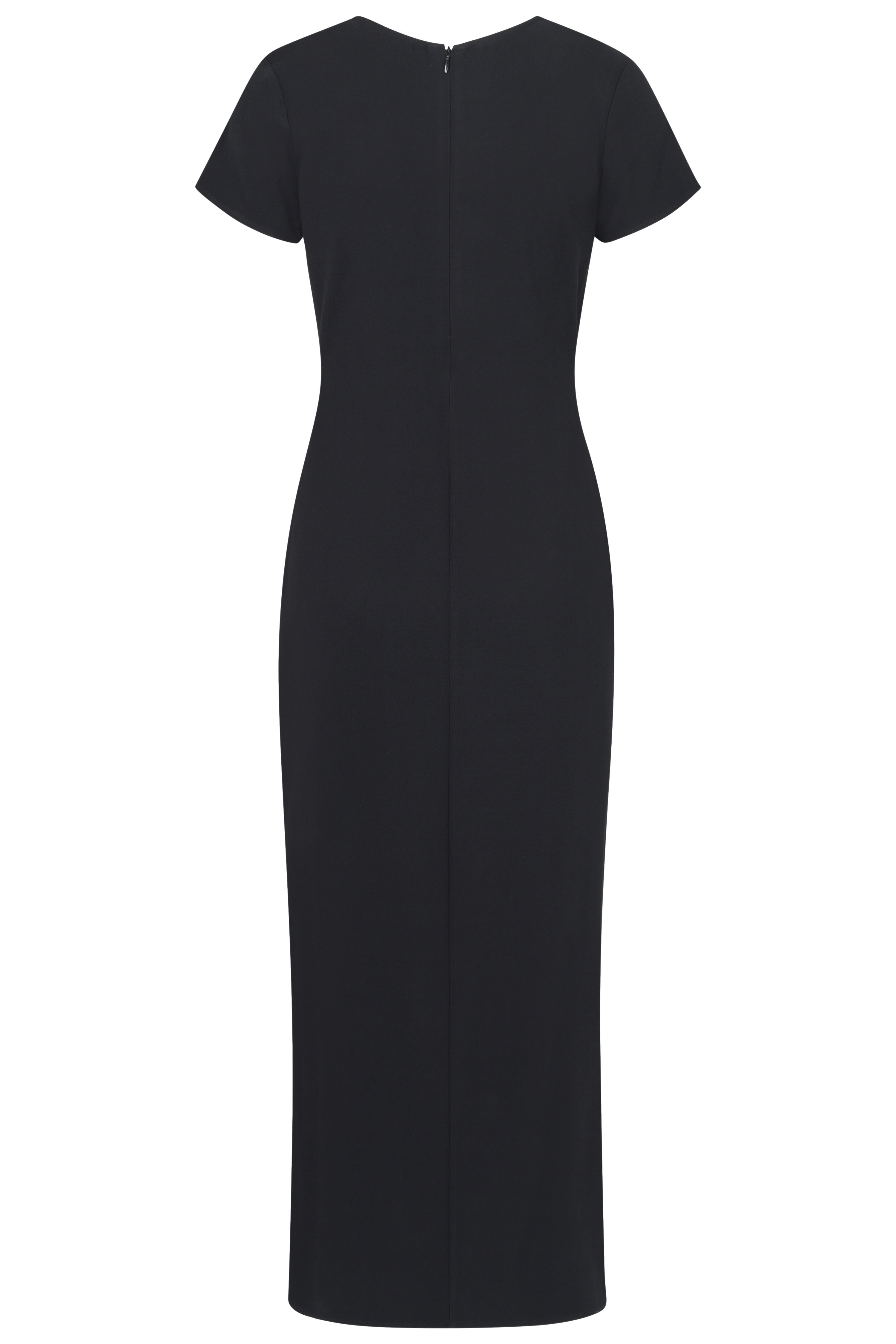 Elegante zwarte bugatti maxijurk, eenvoudig ontwerp, achteraanzicht, buste.