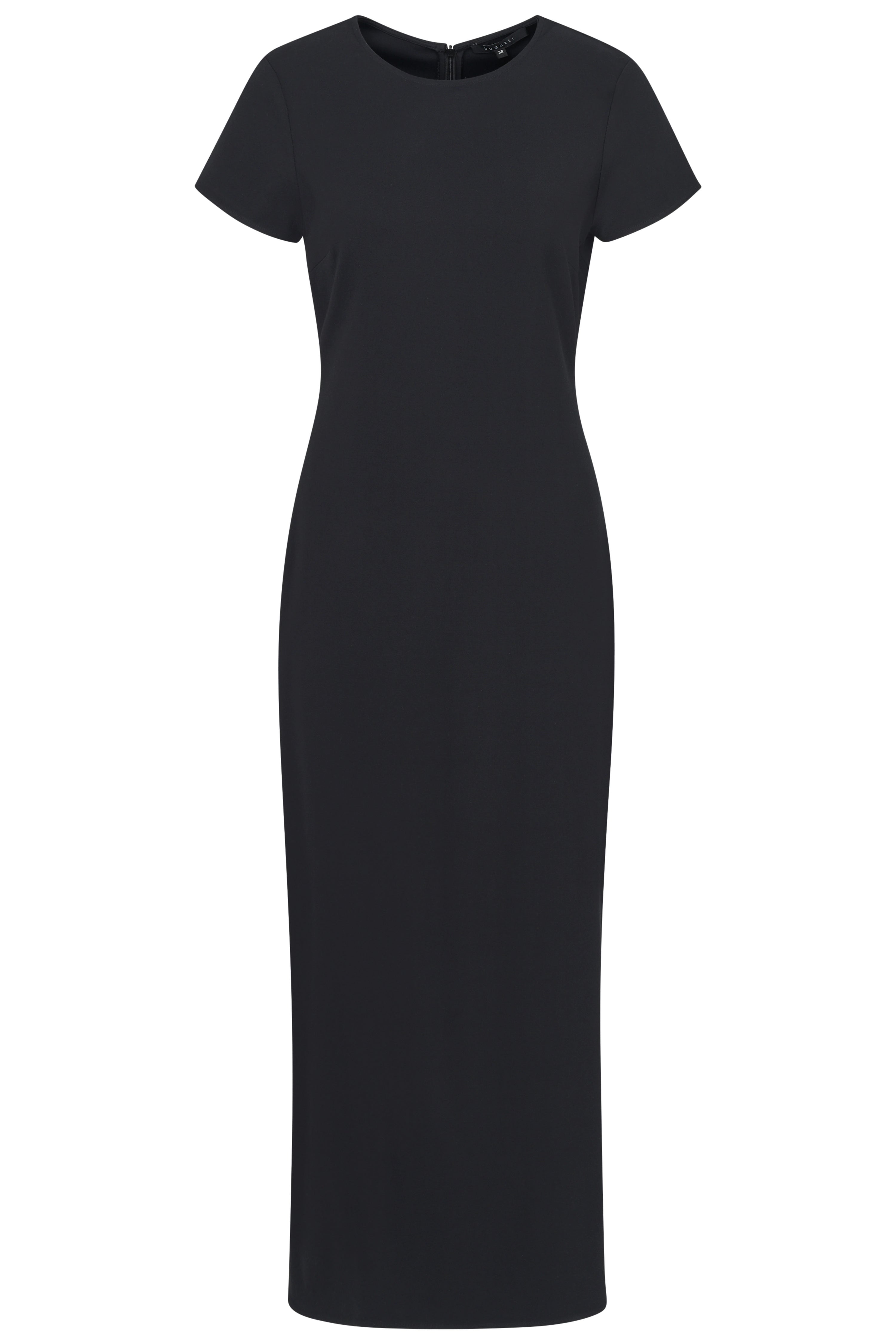 Black bugatti dress, simple design, knee-length, bust view.