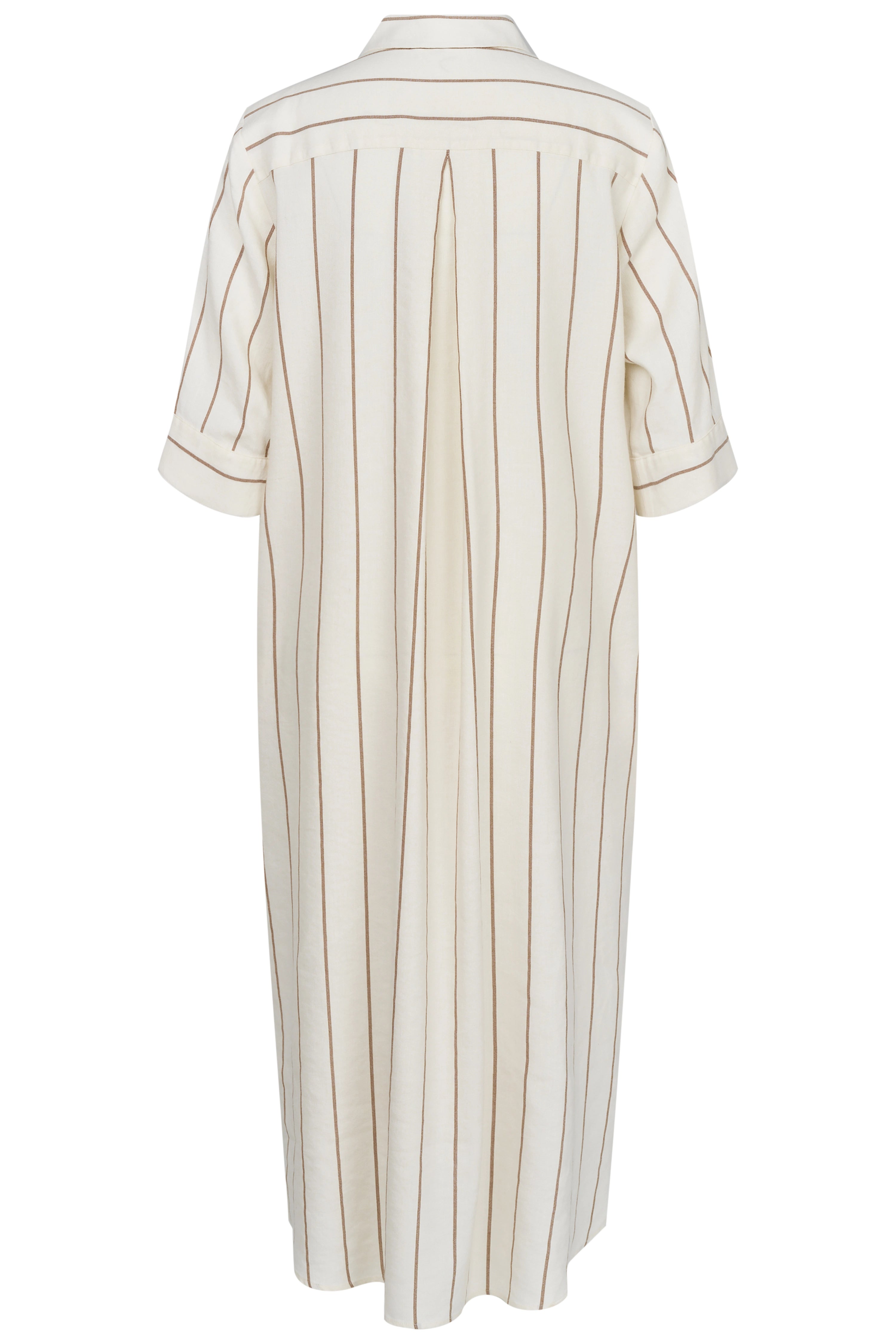 Rückansicht eines gestreiften Hemdkleids in Creme und Braun, leger präsentiert.