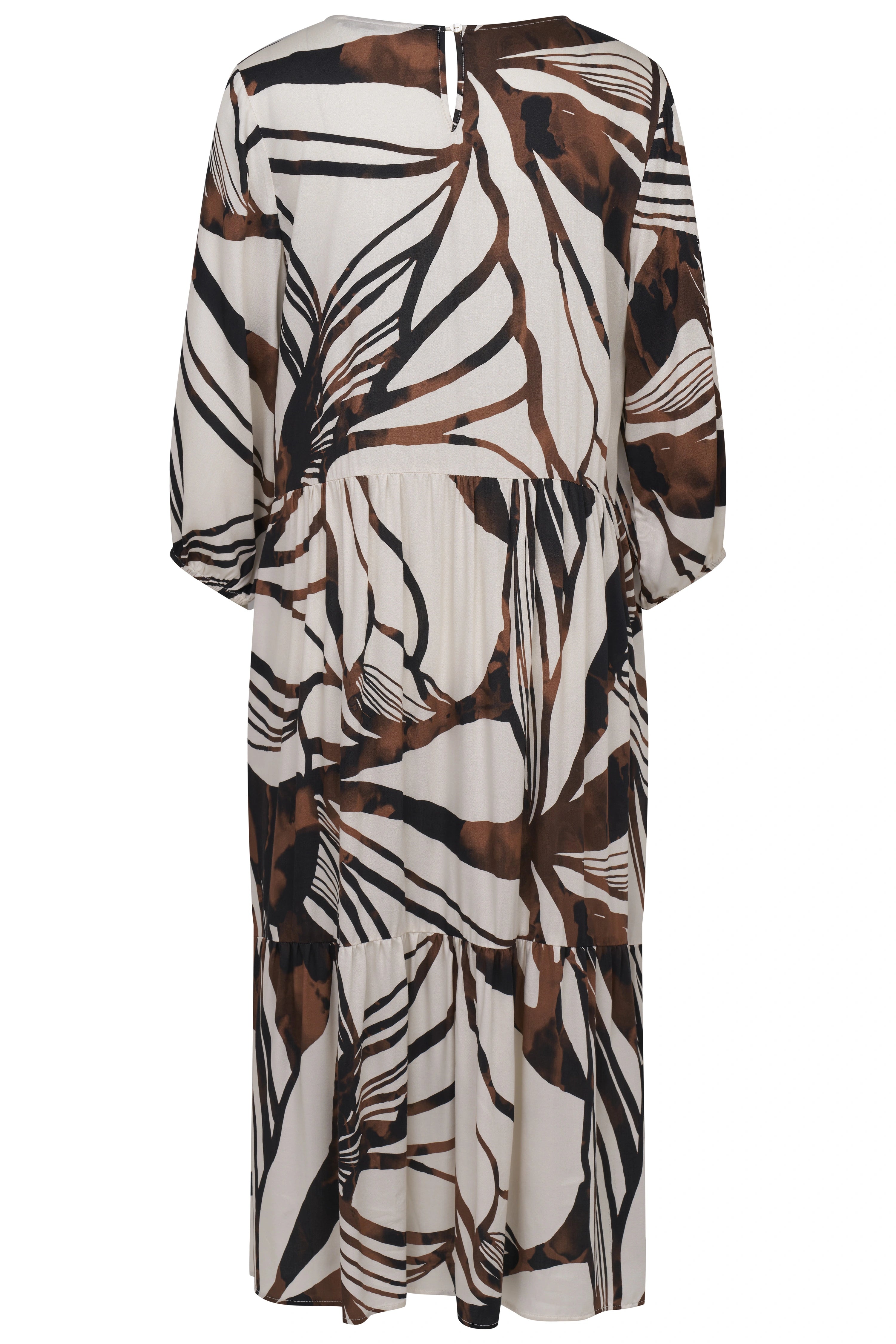 bugatti Kleid mit braun-schwarzem Print, locker fallend, ohne Model, Rückansicht.