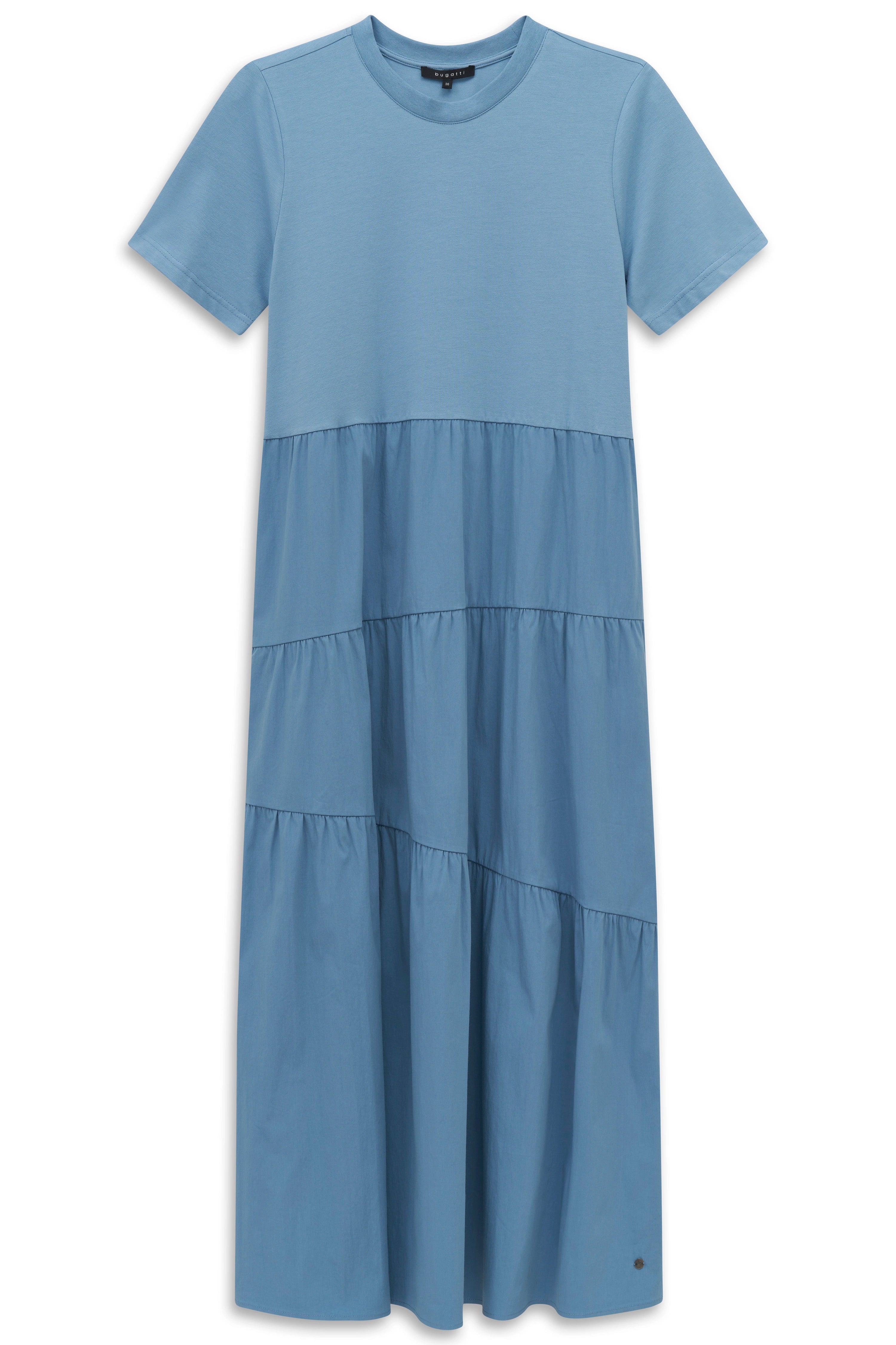 Blaues bugatti Kleid mit kurzen Ärmeln und Stufen-Design, Büstenbild.