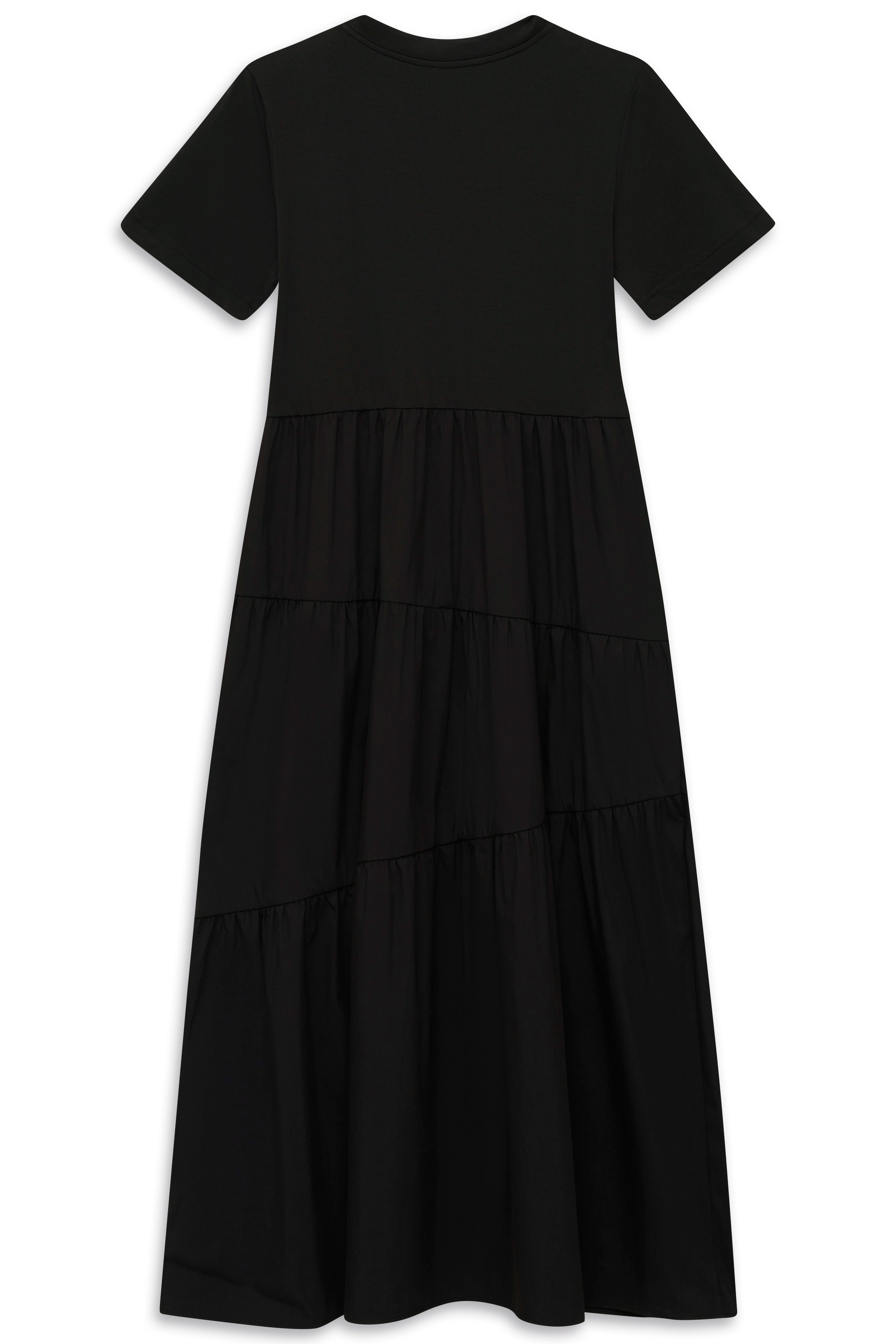 Schwarzes, kurzärmeliges Maxikleid von bugatti, Rückansicht, legeres Design, ohne Muster.