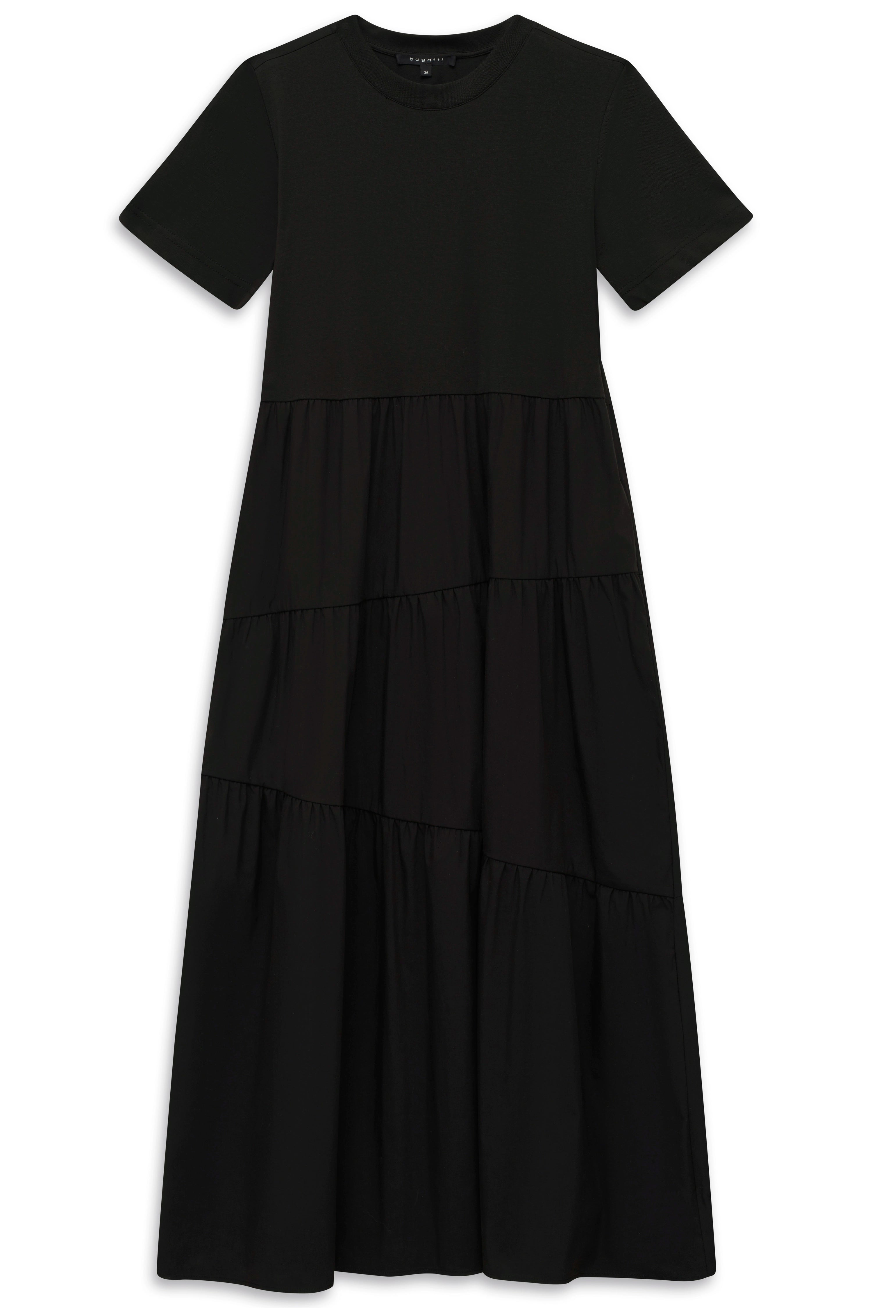 Schwarzes bugatti Maxikleid mit kurzen Ärmeln und Stufen-Design, Büstenbild.