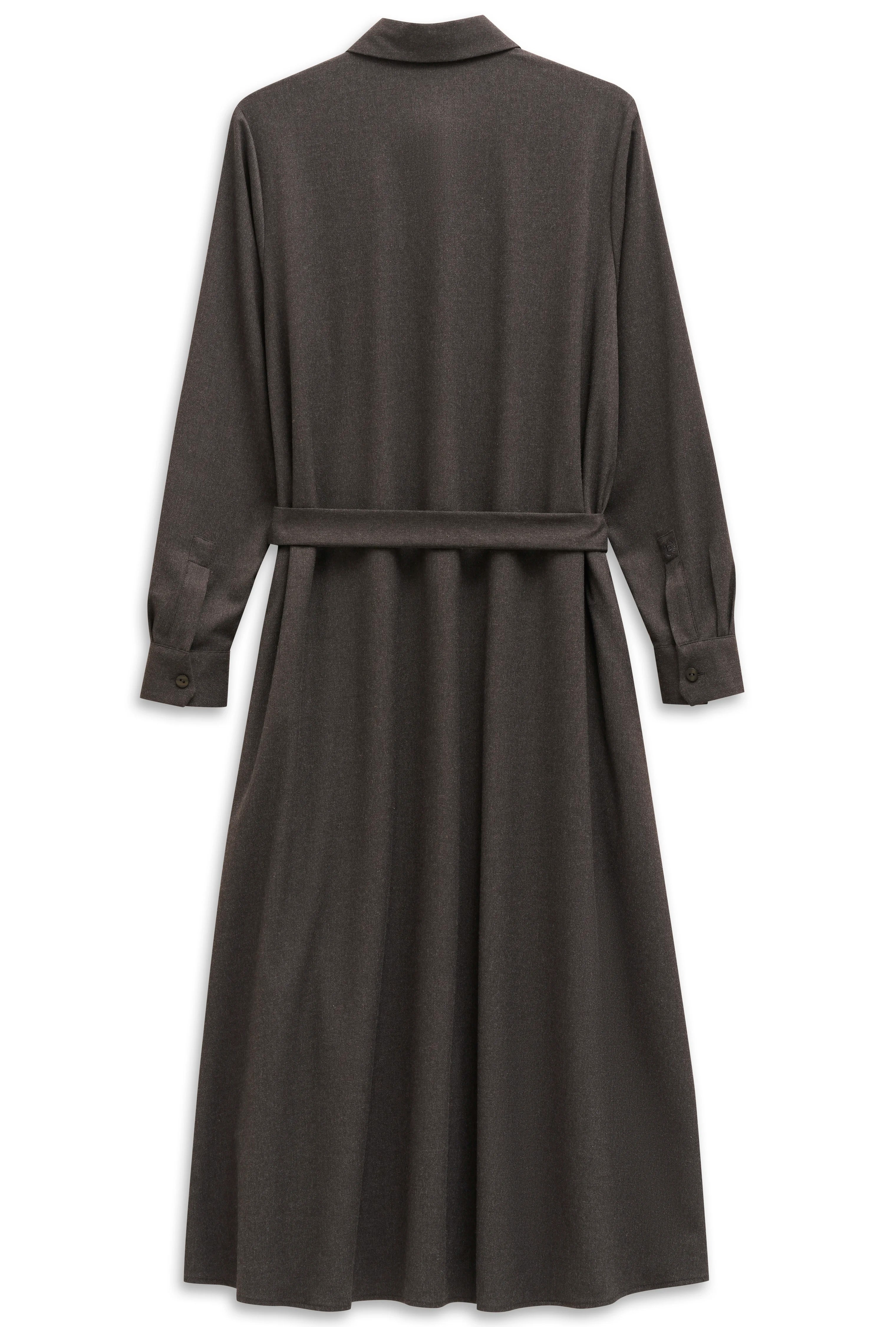 Long grey bugatti shirtdress, back view, belt, elegant look, premium craftsmanship.