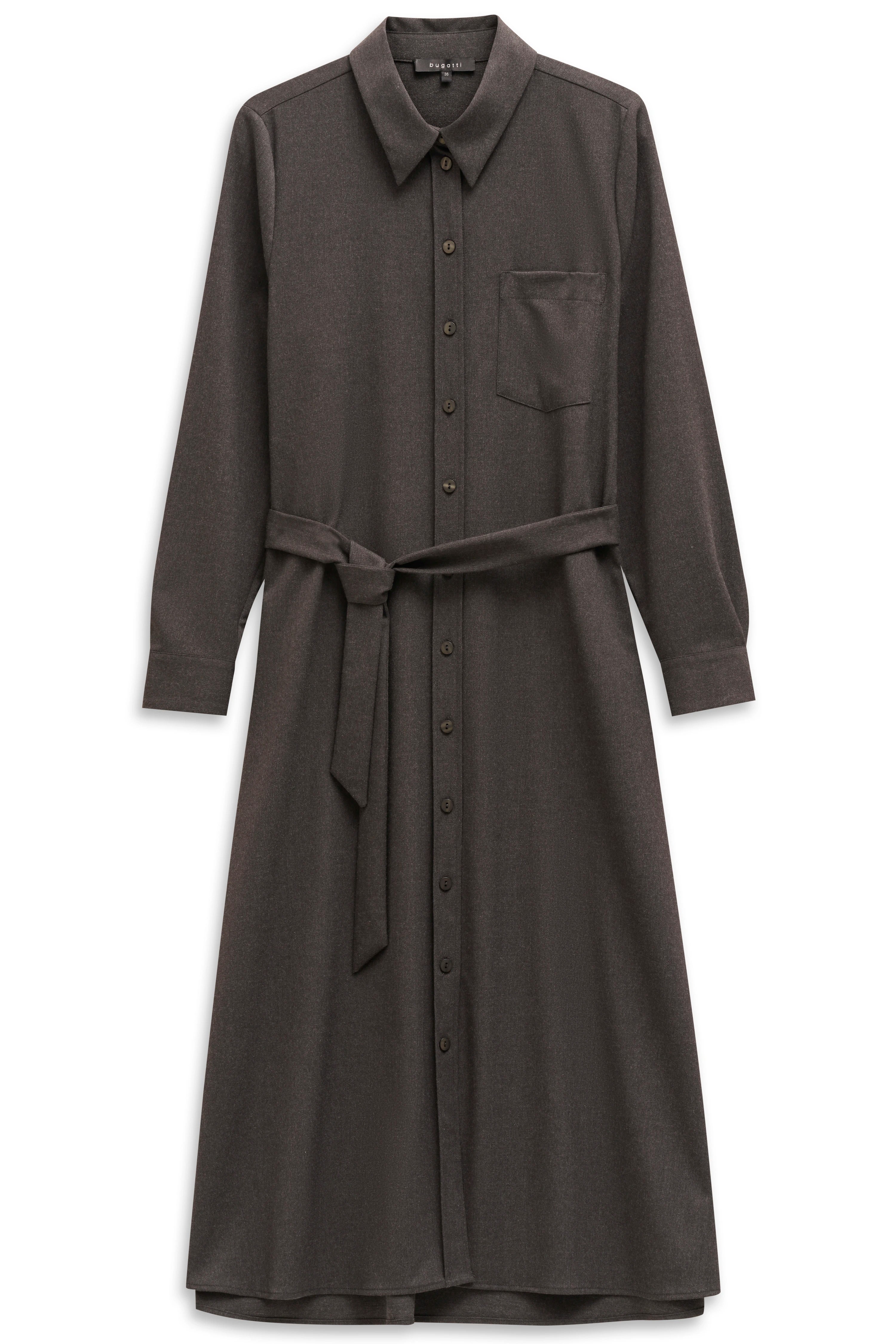 Braunes bugatti Hemdblusenkleid mit Gürtel und Brusttasche. Büstenbild.