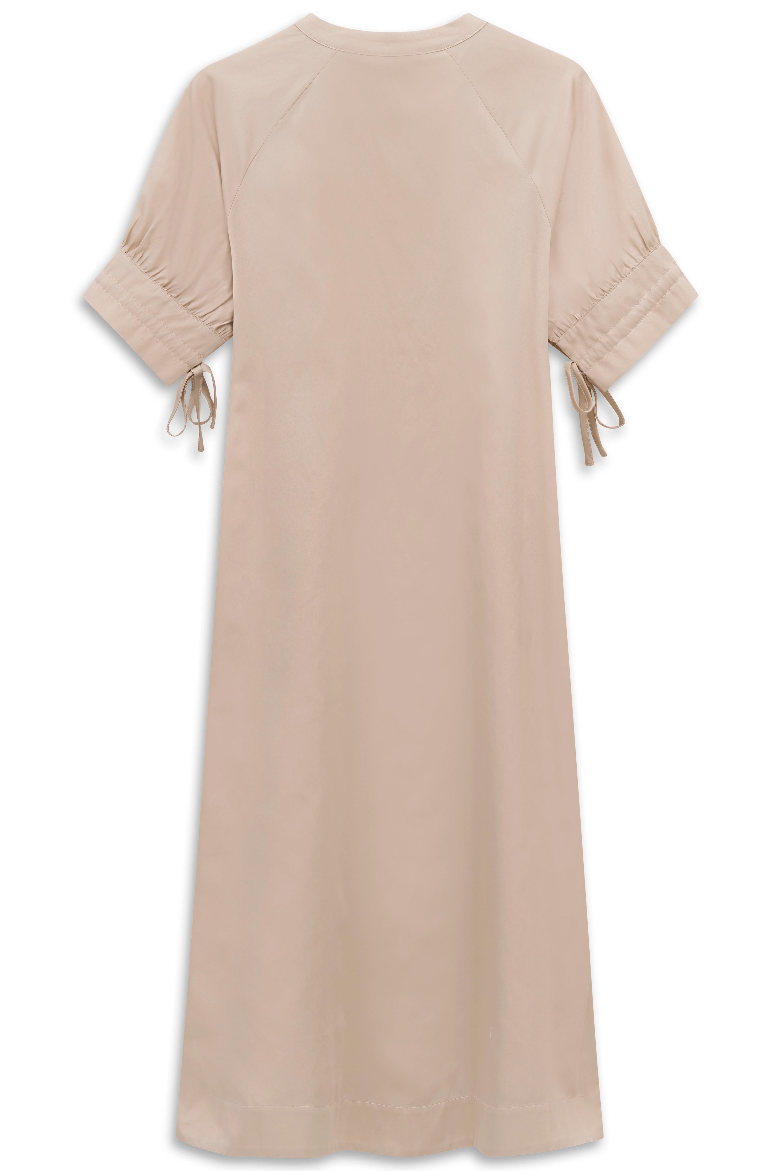 Beiges Kleid mit kurzen Ärmeln und Bindebändern, Büstenbild, eleganter Stil von bugatti.