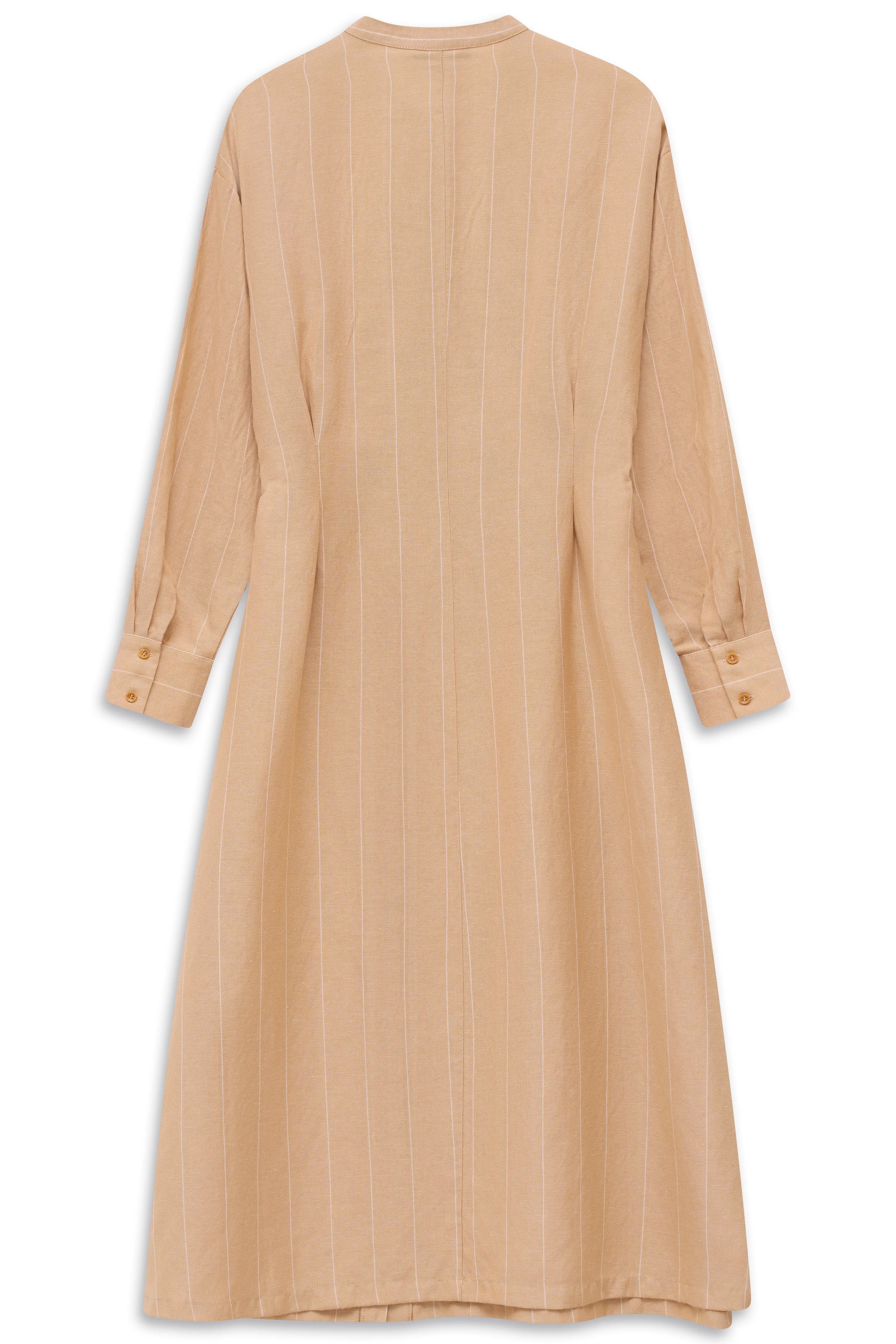 Beiges bugatti Kleid mit feinem Streifenmuster, Büstenbild, zeitlose Eleganz und Raffinesse.