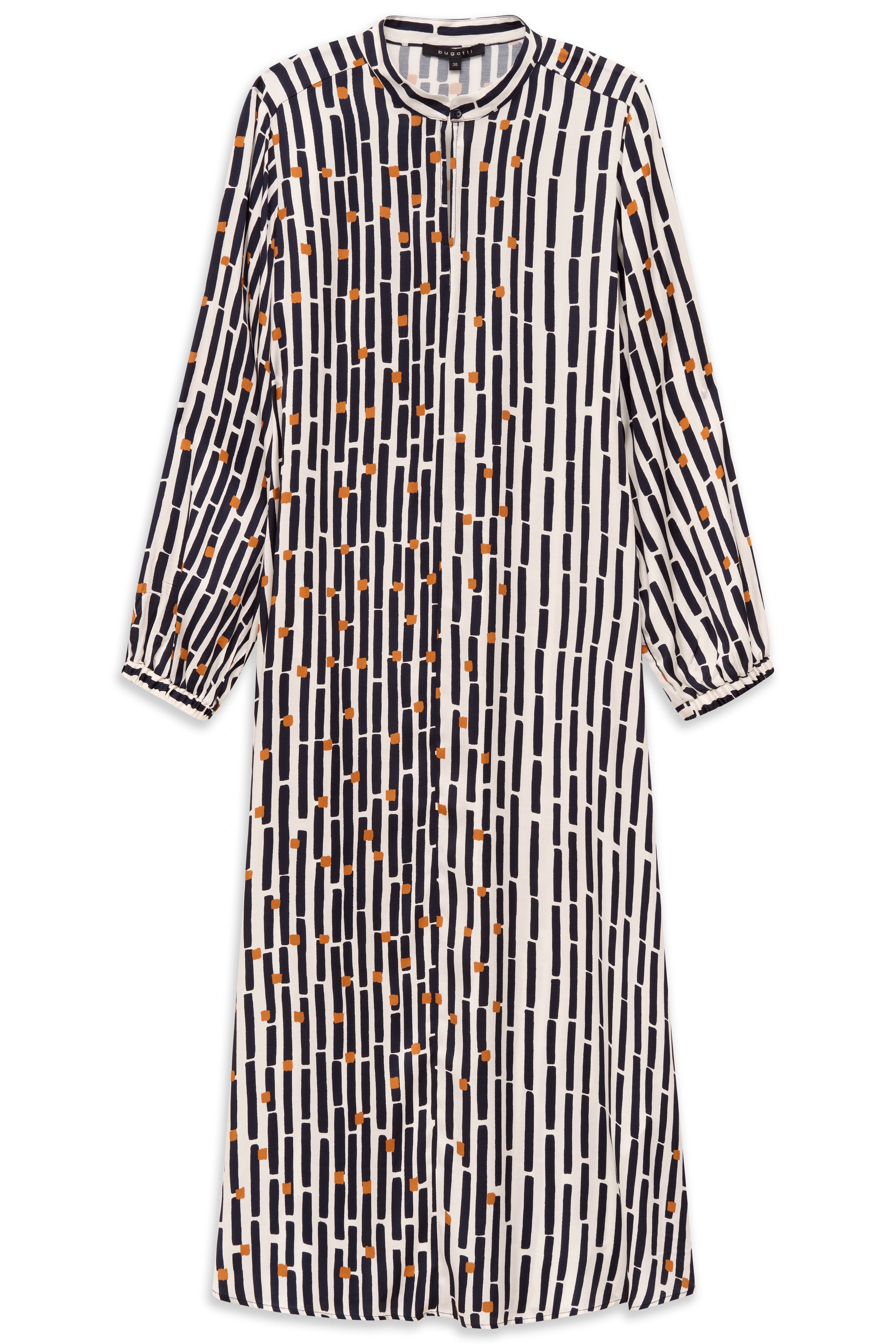 Langes bugatti Kleid mit grafischem Muster in Blau, Schwarz und Orange auf Creme, Büstenbild.
