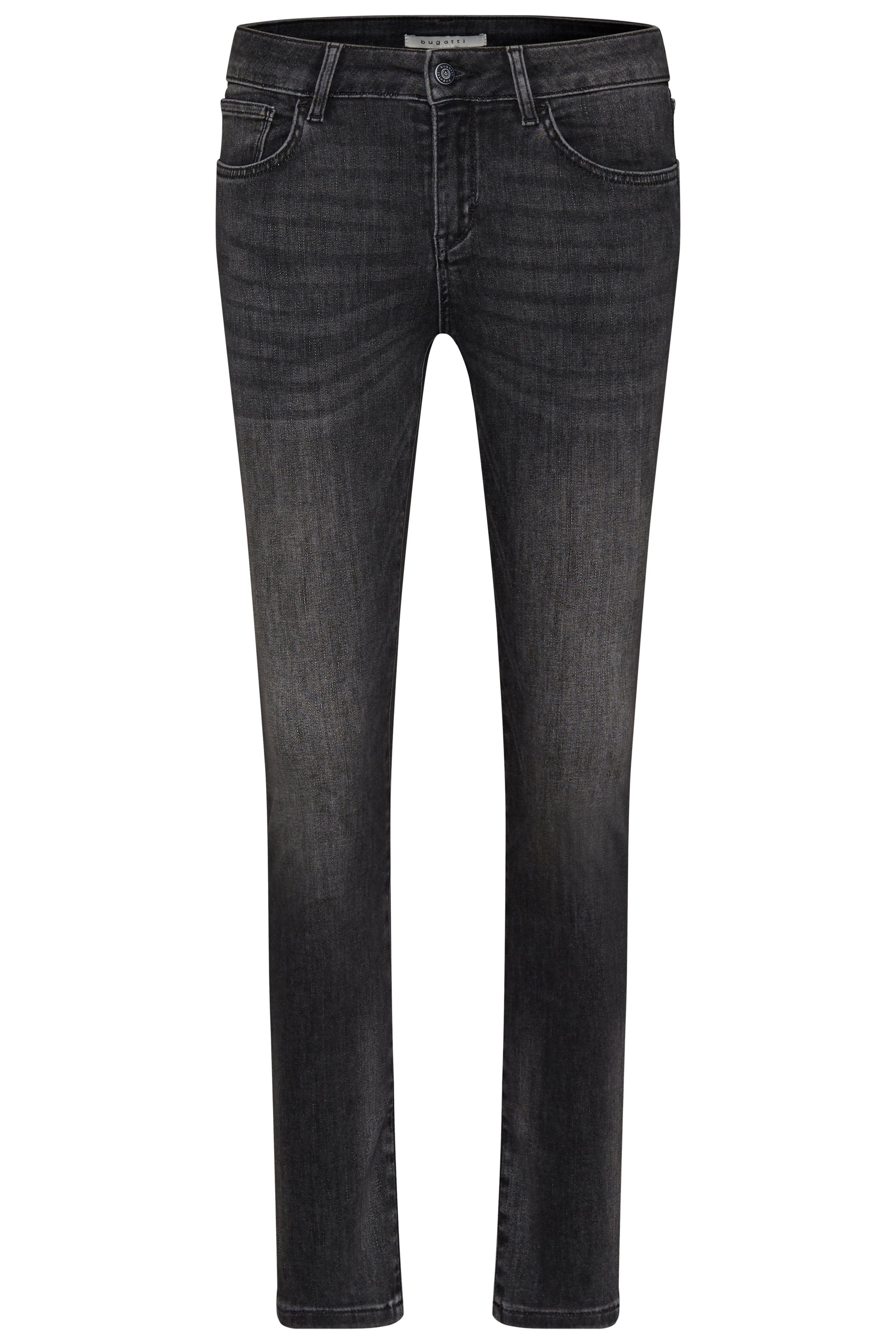 Dunkelgraue Jeans von bugatti, schmal geschnitten, mit klassischem 5-Pocket-Design. Büstenbild.