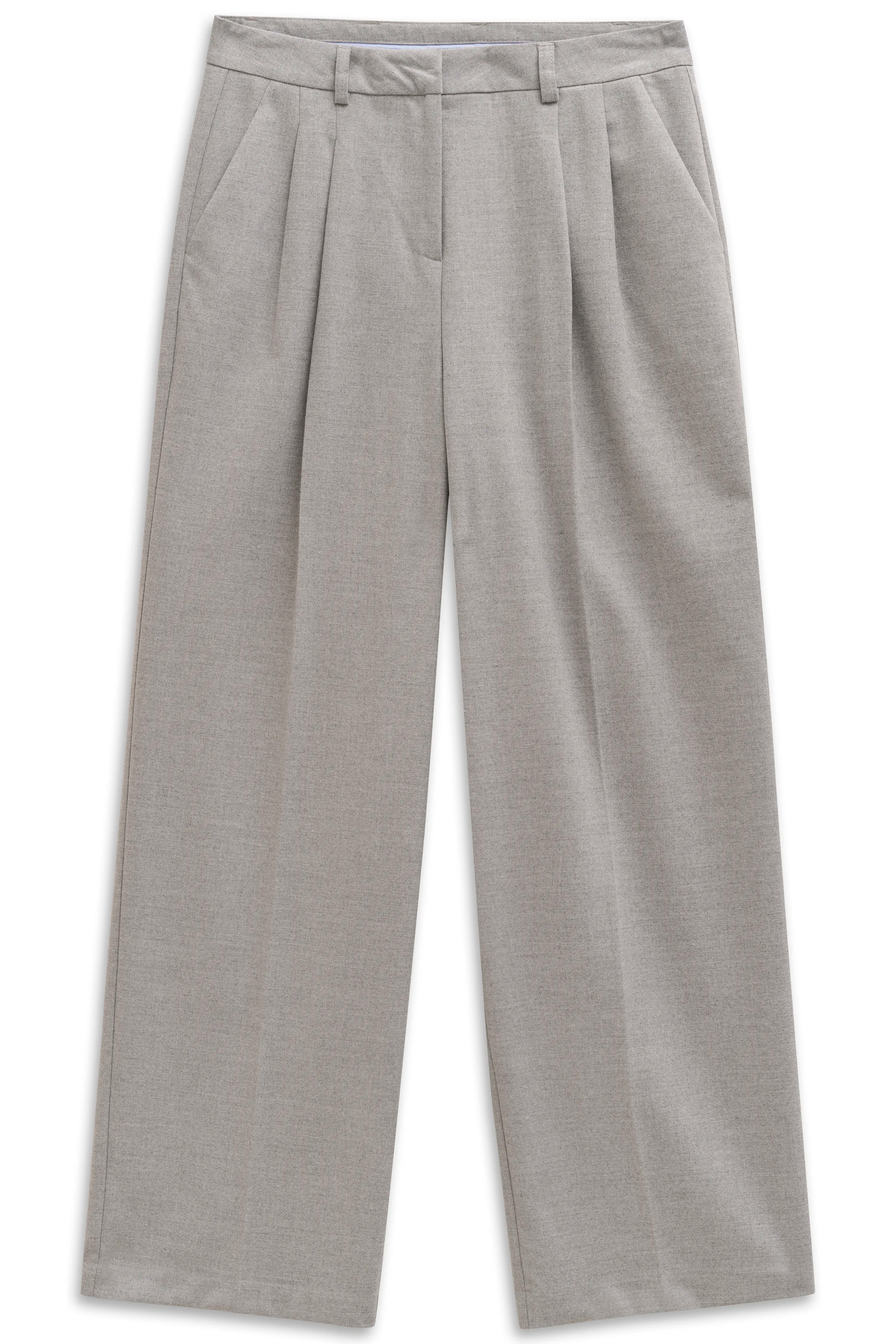 Grey bugatti trousers in a relaxed bust view, timeless style with wide legs and fine texture.