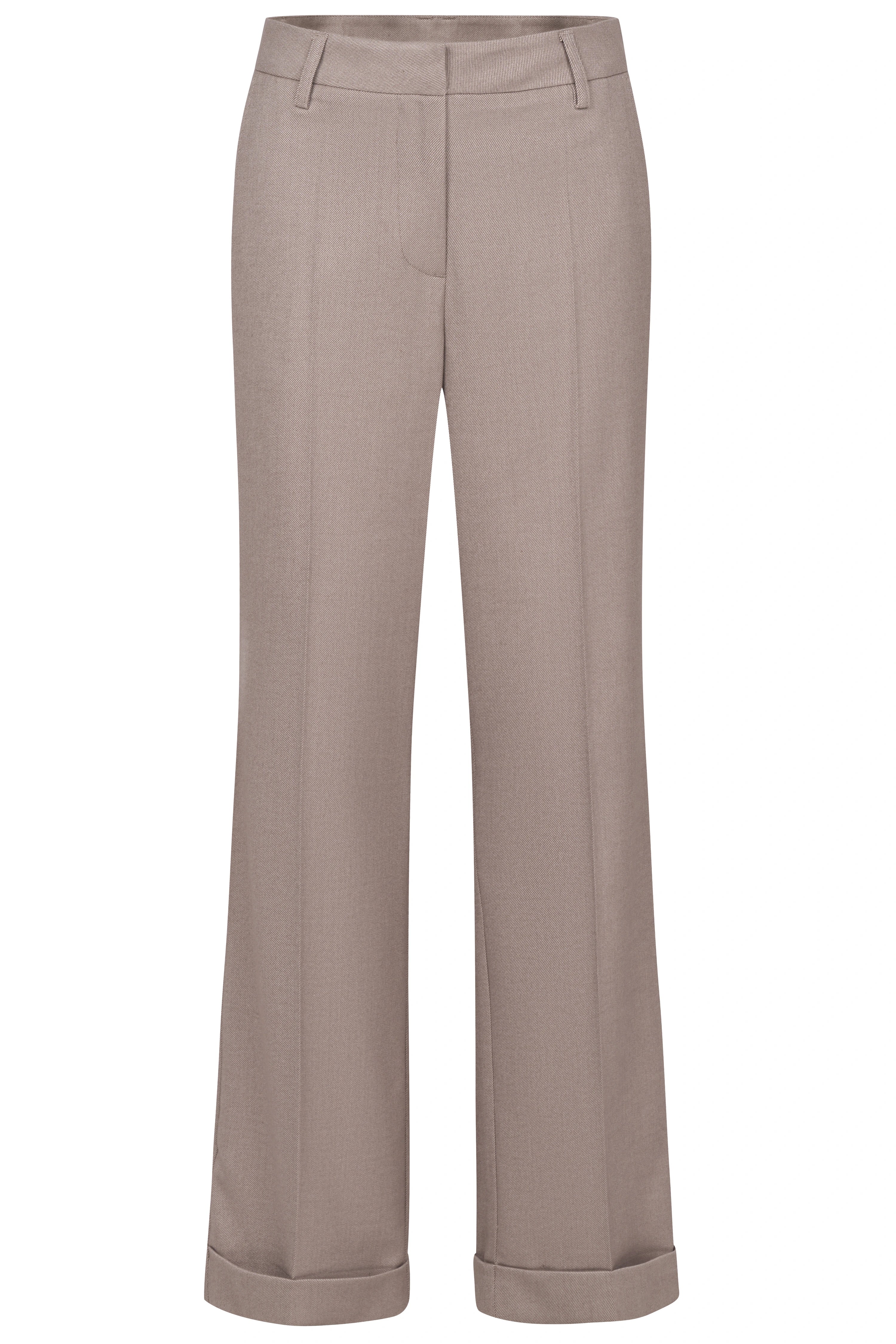Wide taupe bugatti trousers, elegant design with pleats, bust view.