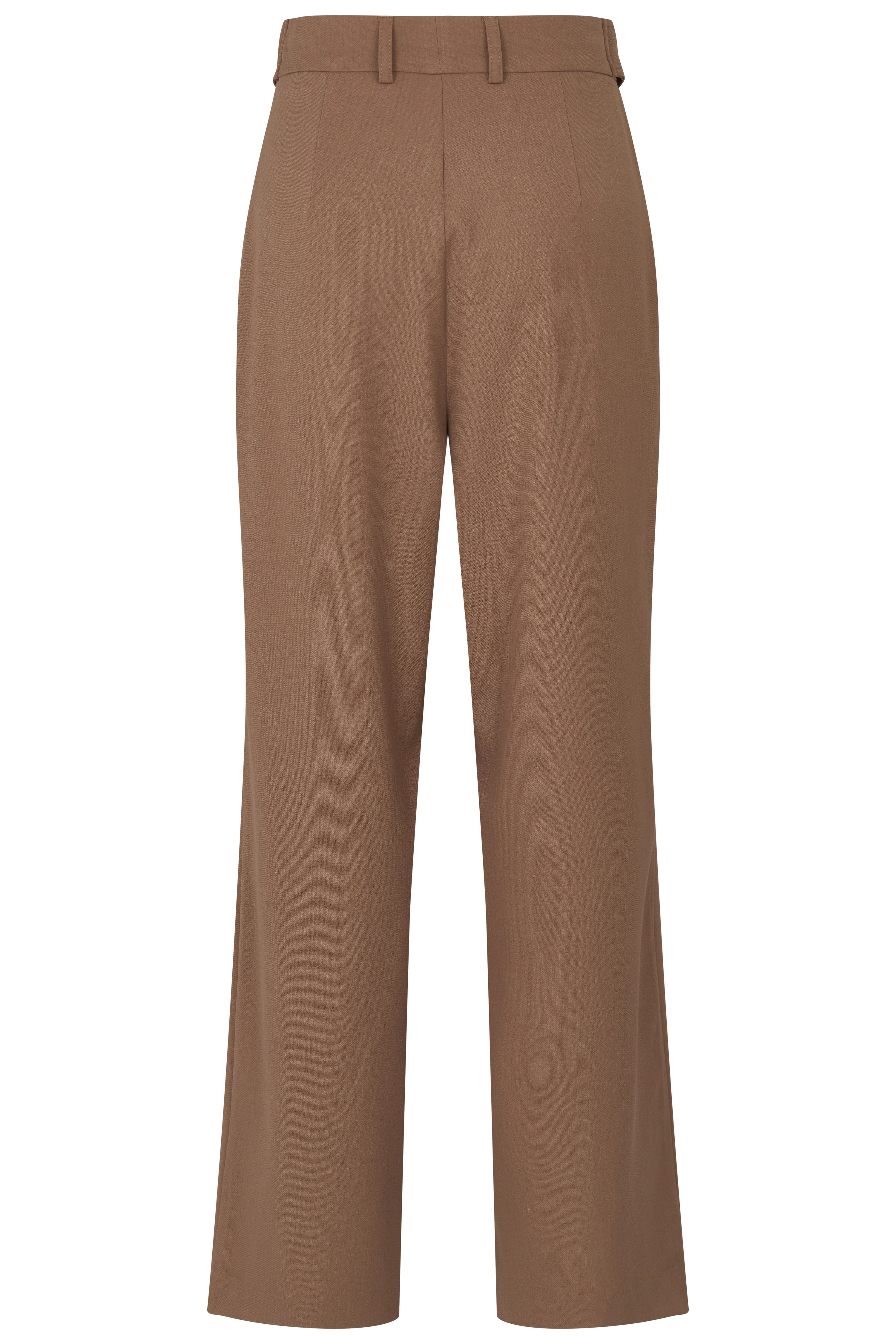 Brown bugatti pants, casual fit, elegant and timeless, bust shot.
