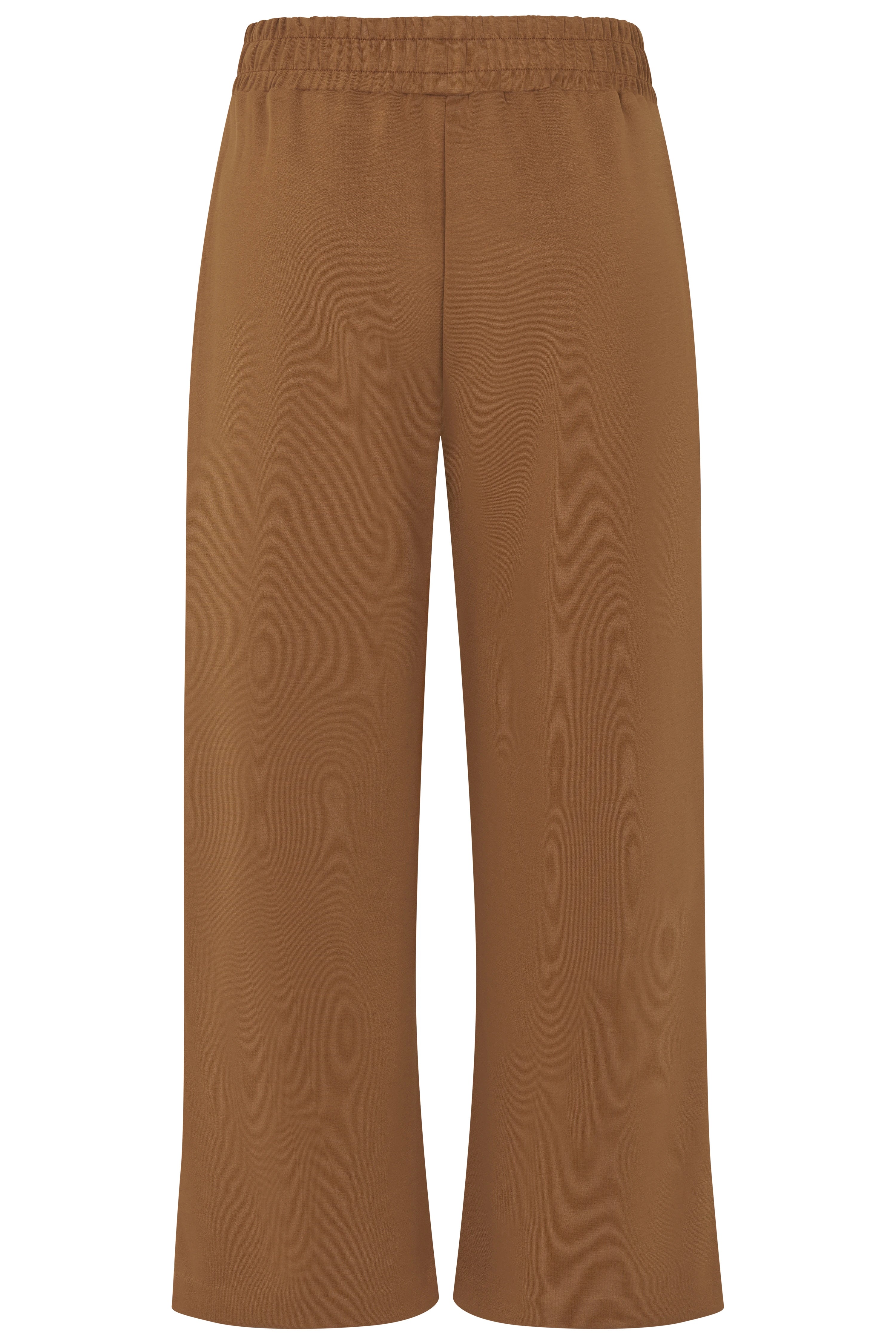 Bruine bugatti broek met elastische tailleband en wijde pijpen, eenvoudig ontwerp.