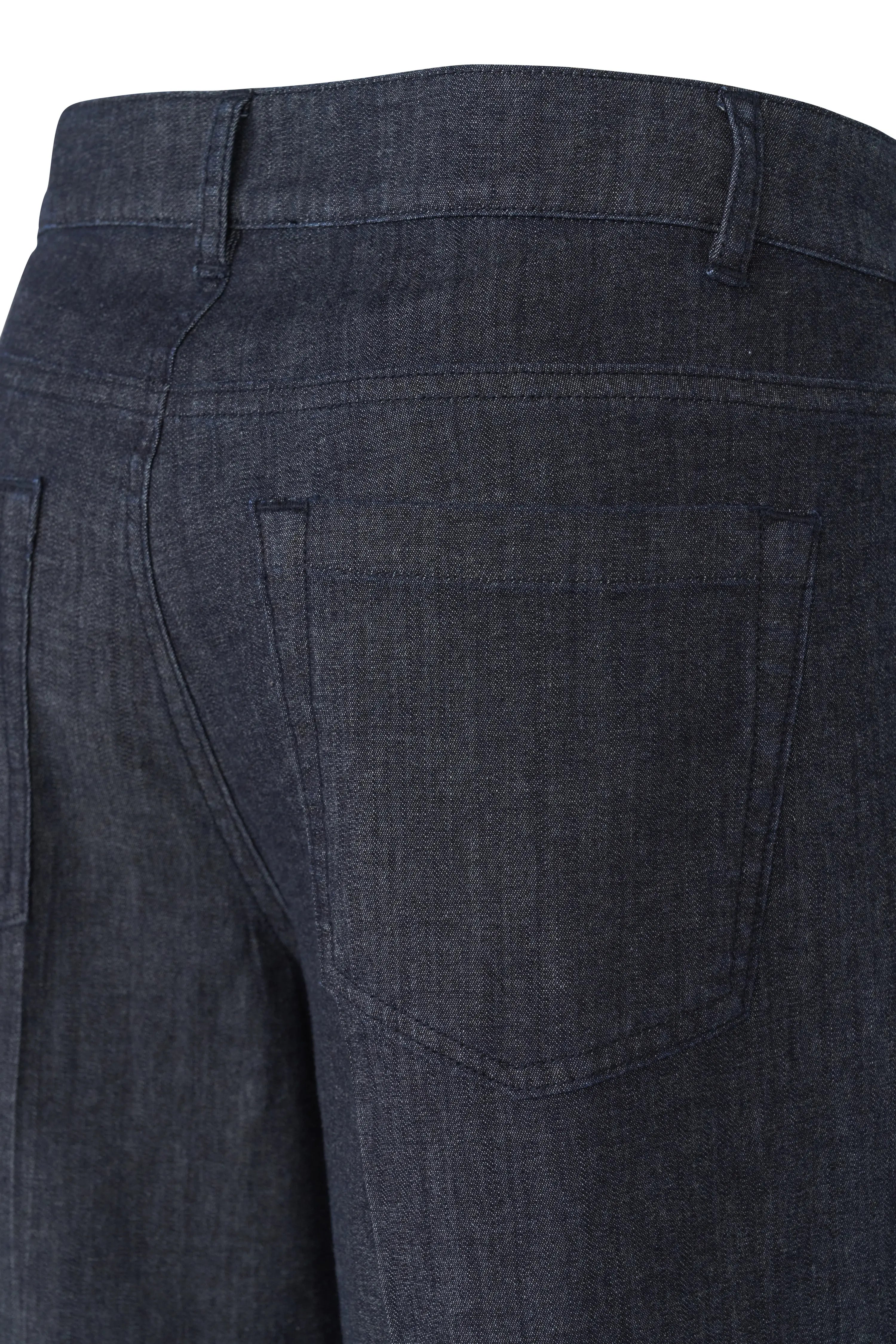 Dark blue bugatti jeans, detailed back view, casual bust shot.