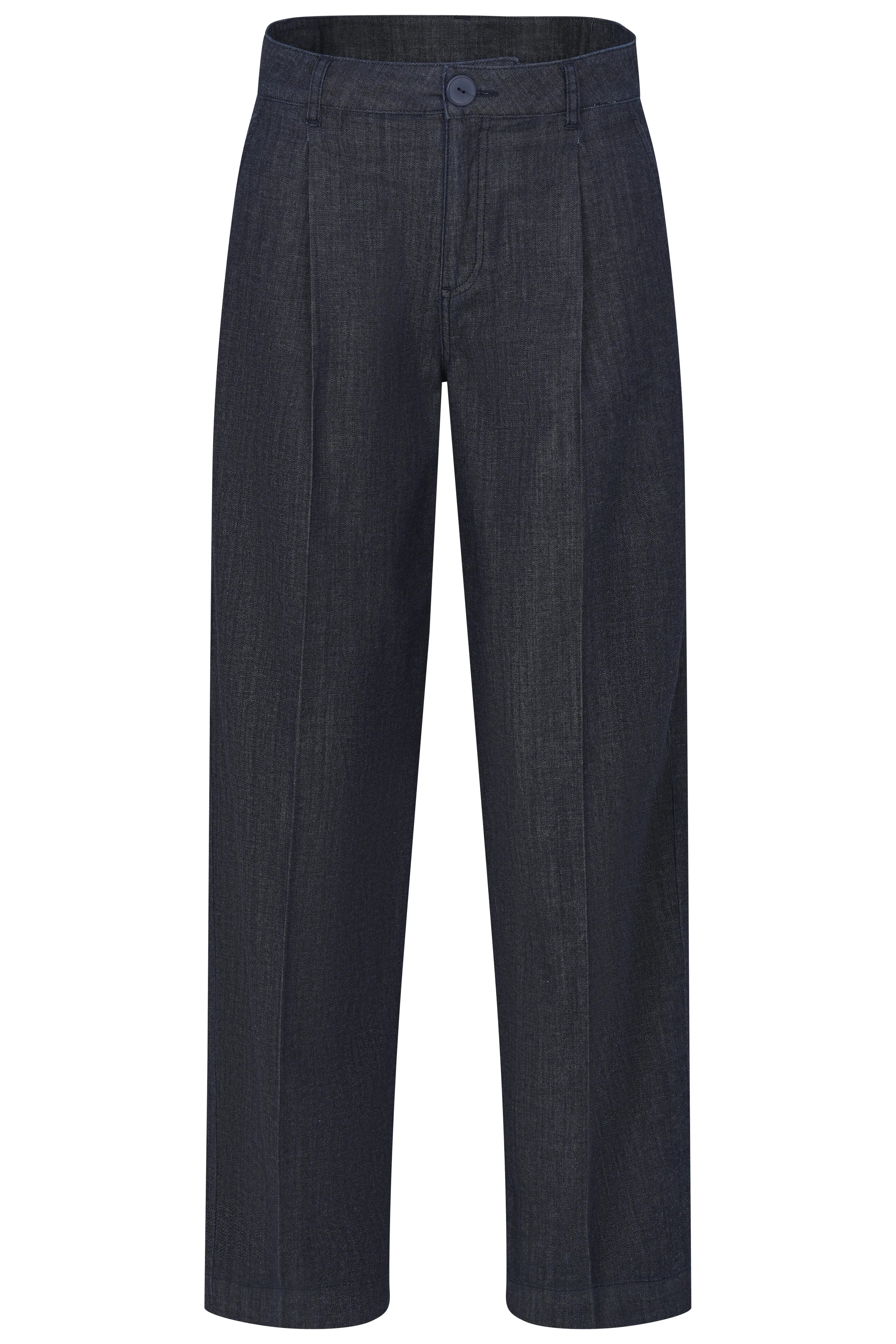 Dark blue bugatti pants, casual bust view, classic cut, timeless elegance.