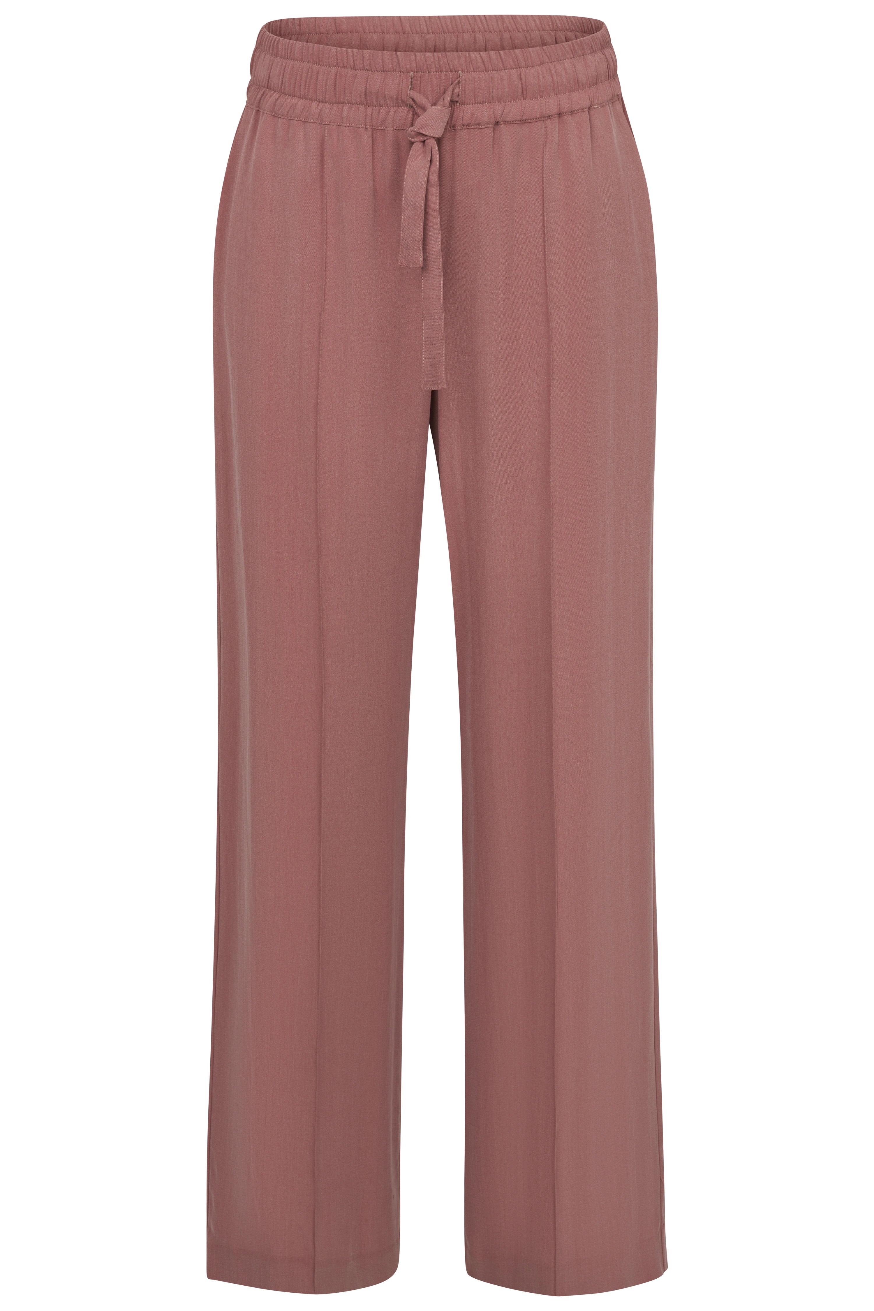 Weite, rosefarbene bugatti Hose mit Bindegürtel, legeres Büstenbild.