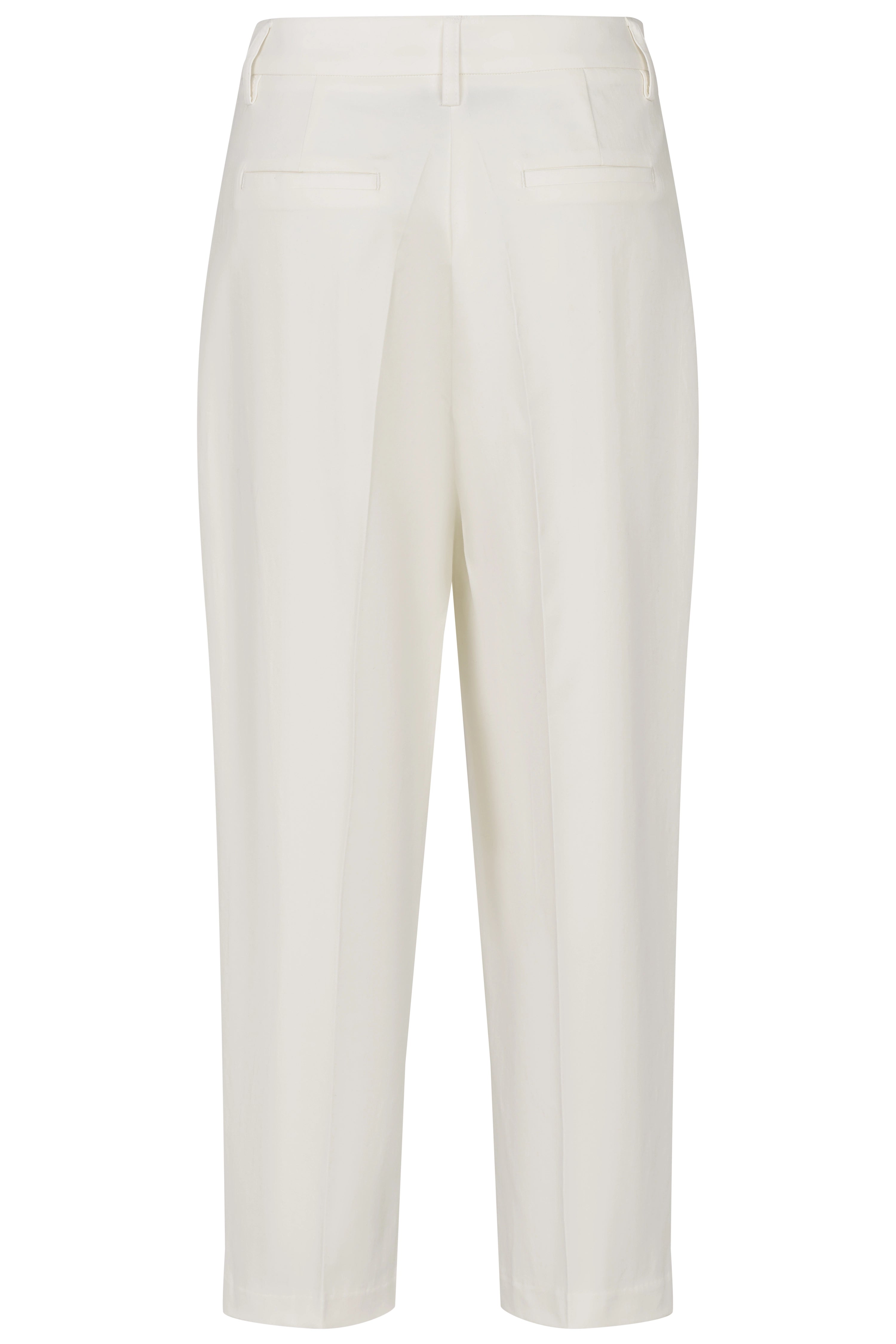 White bugatti trousers, relaxed fit, bust view, elegant style, premium material.