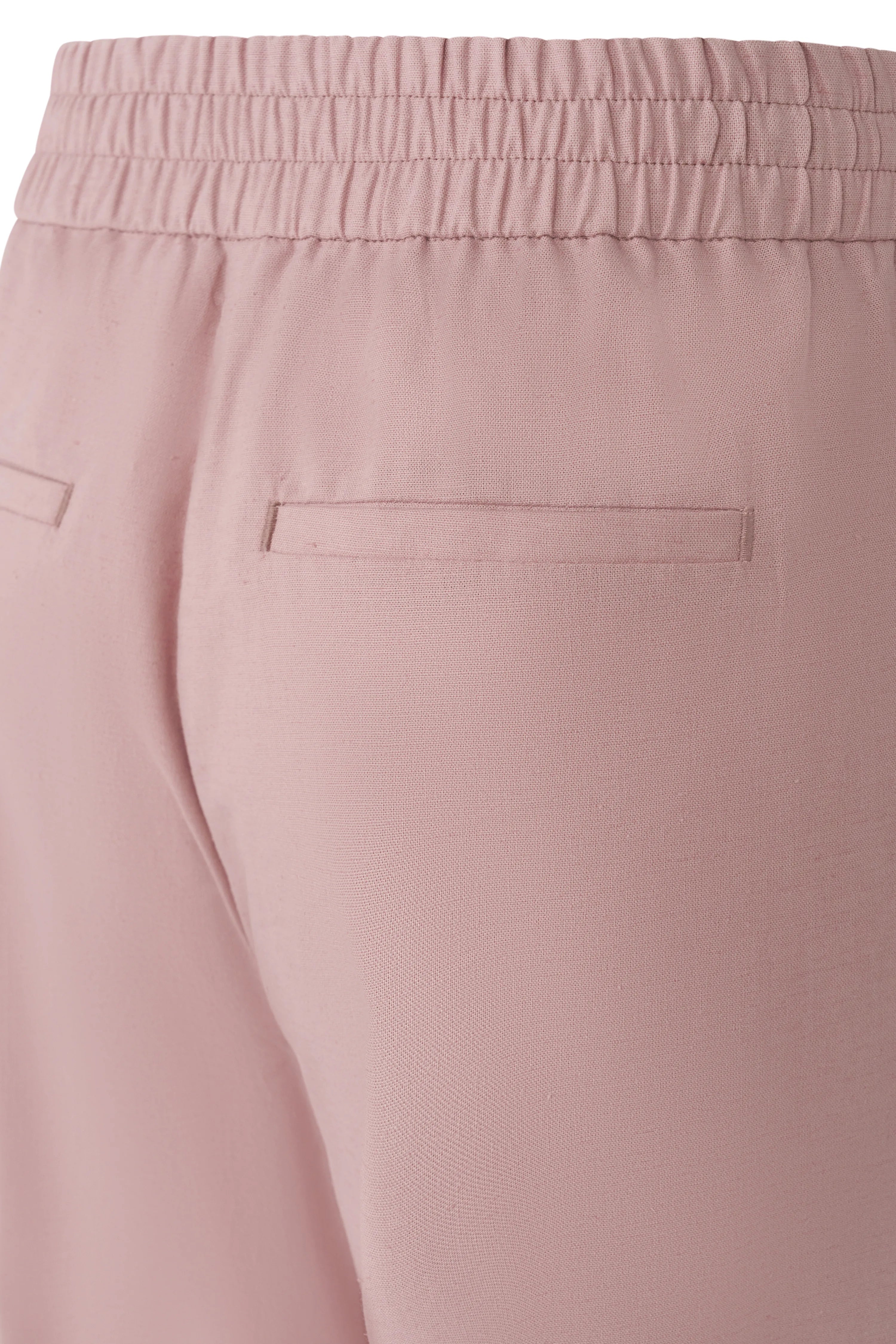Pink bugatti trousers with elastic waistband and back pockets, detail view.