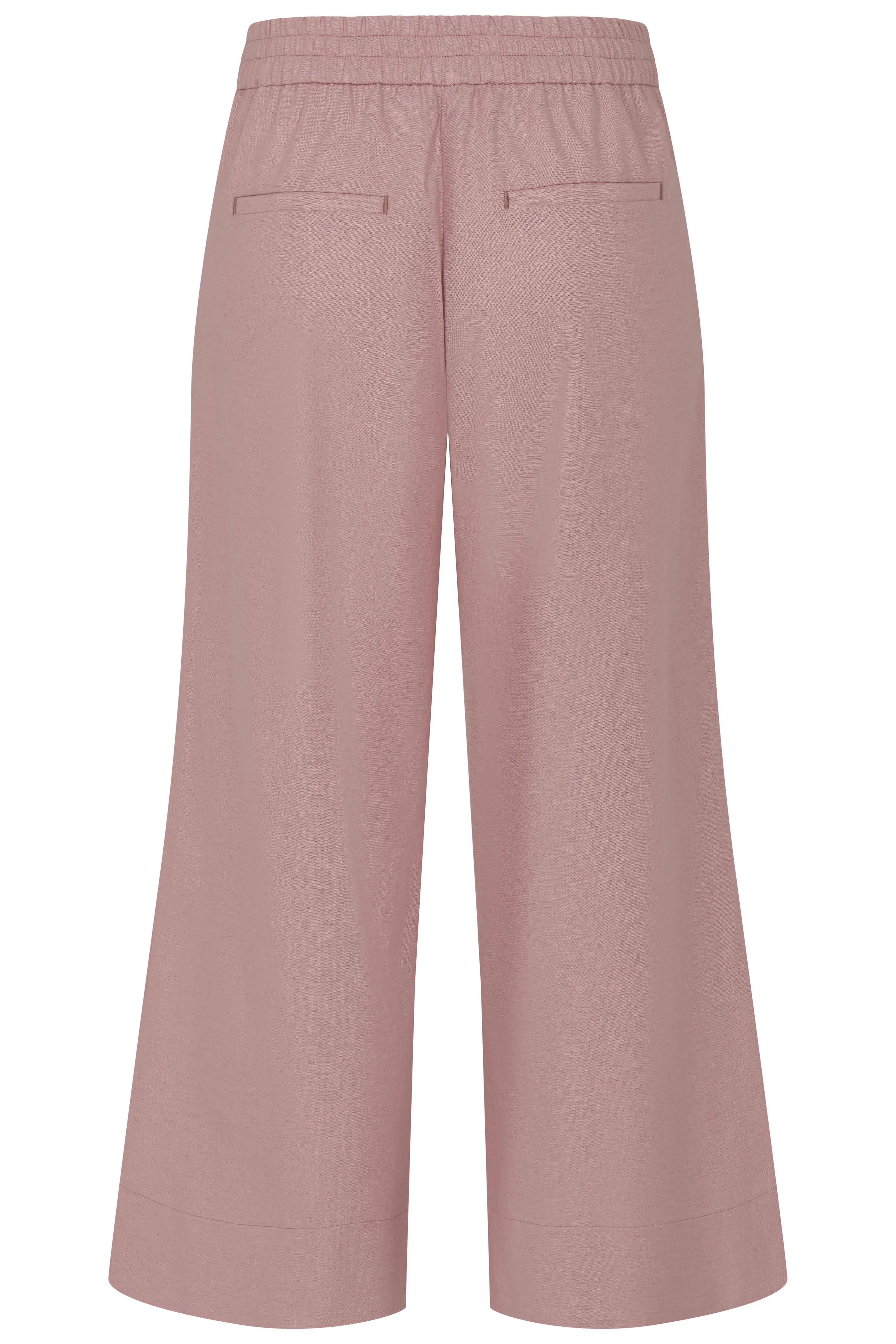 Wide bugatti trousers in old rose, elastic waistband, rear view, casual design.
