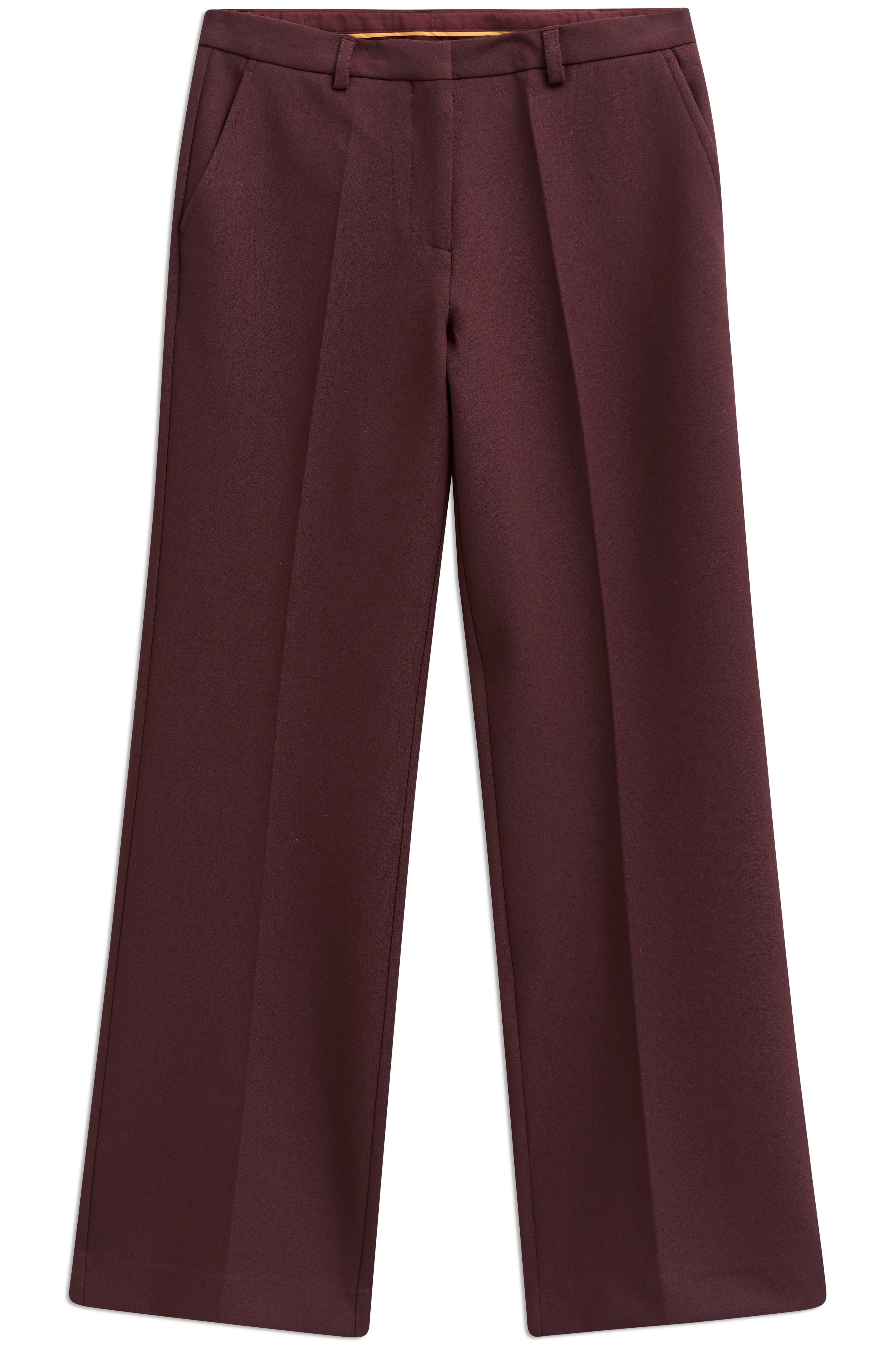 Burgundy bugatti trousers, bust view, elegant straight fit, high waist.