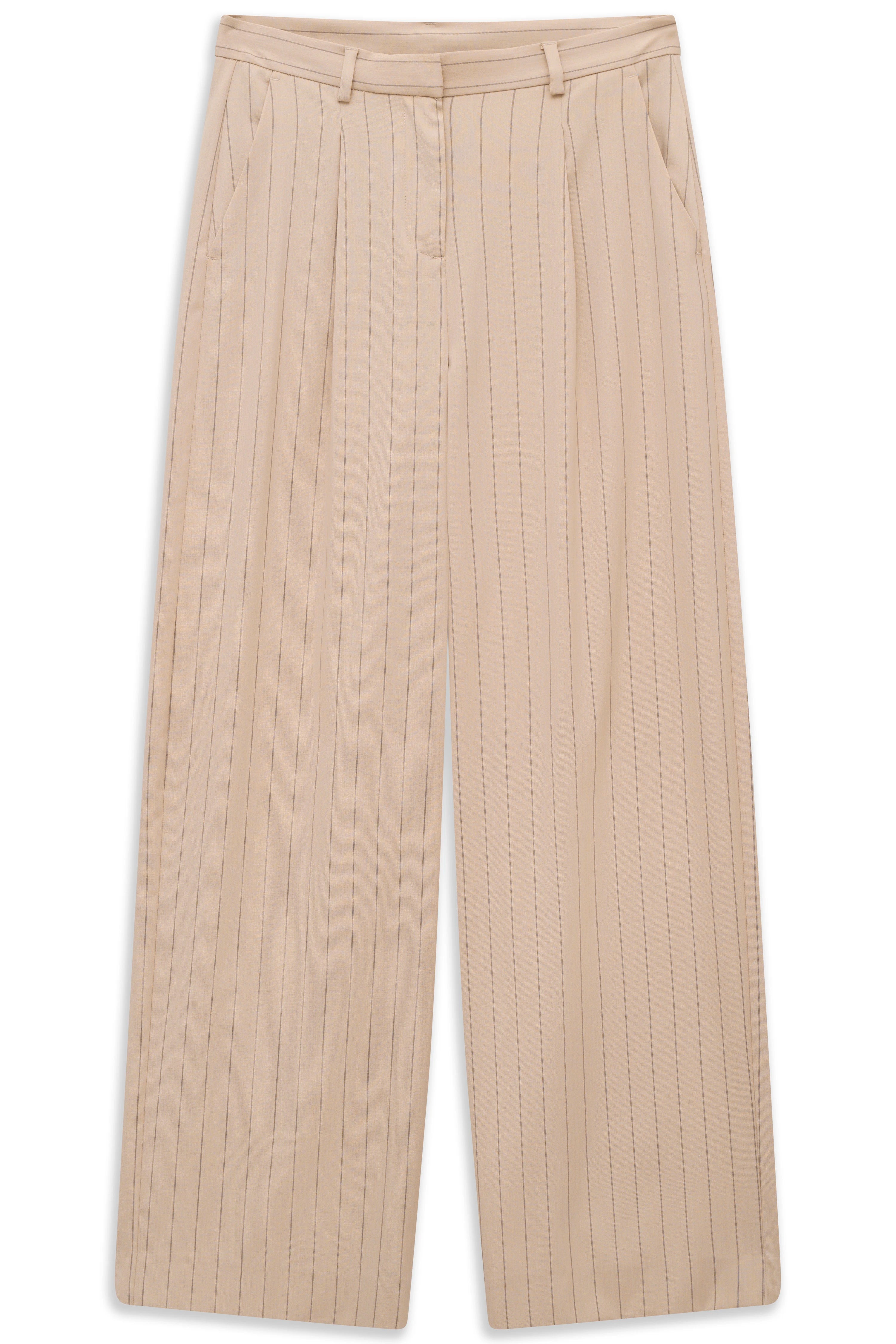 Beige bugatti Hose mit feinen Streifen, legeres Büstenbild.