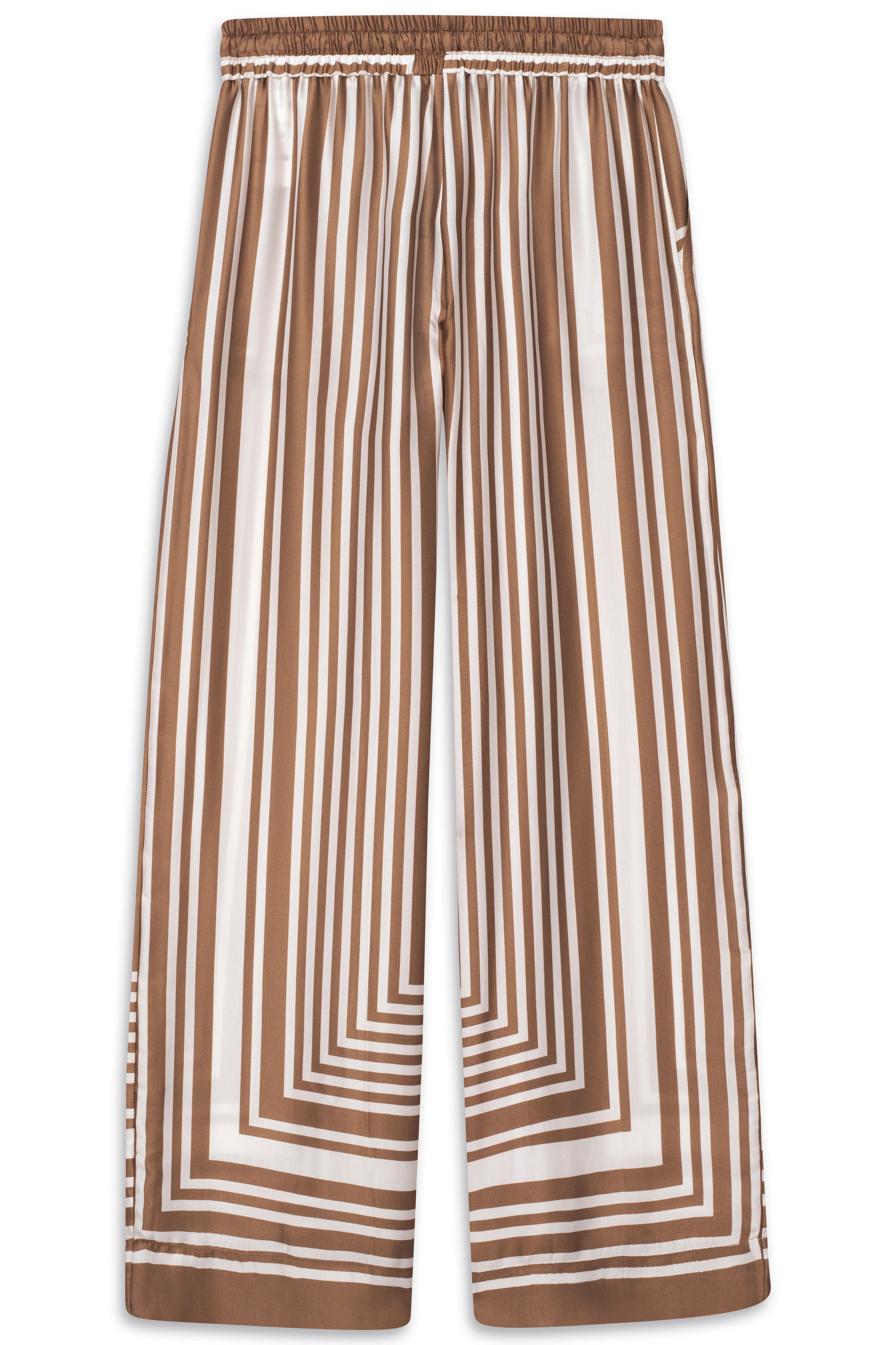 Braun-weiß gestreifte bugatti Hose, locker geschnitten, Büstenbild.