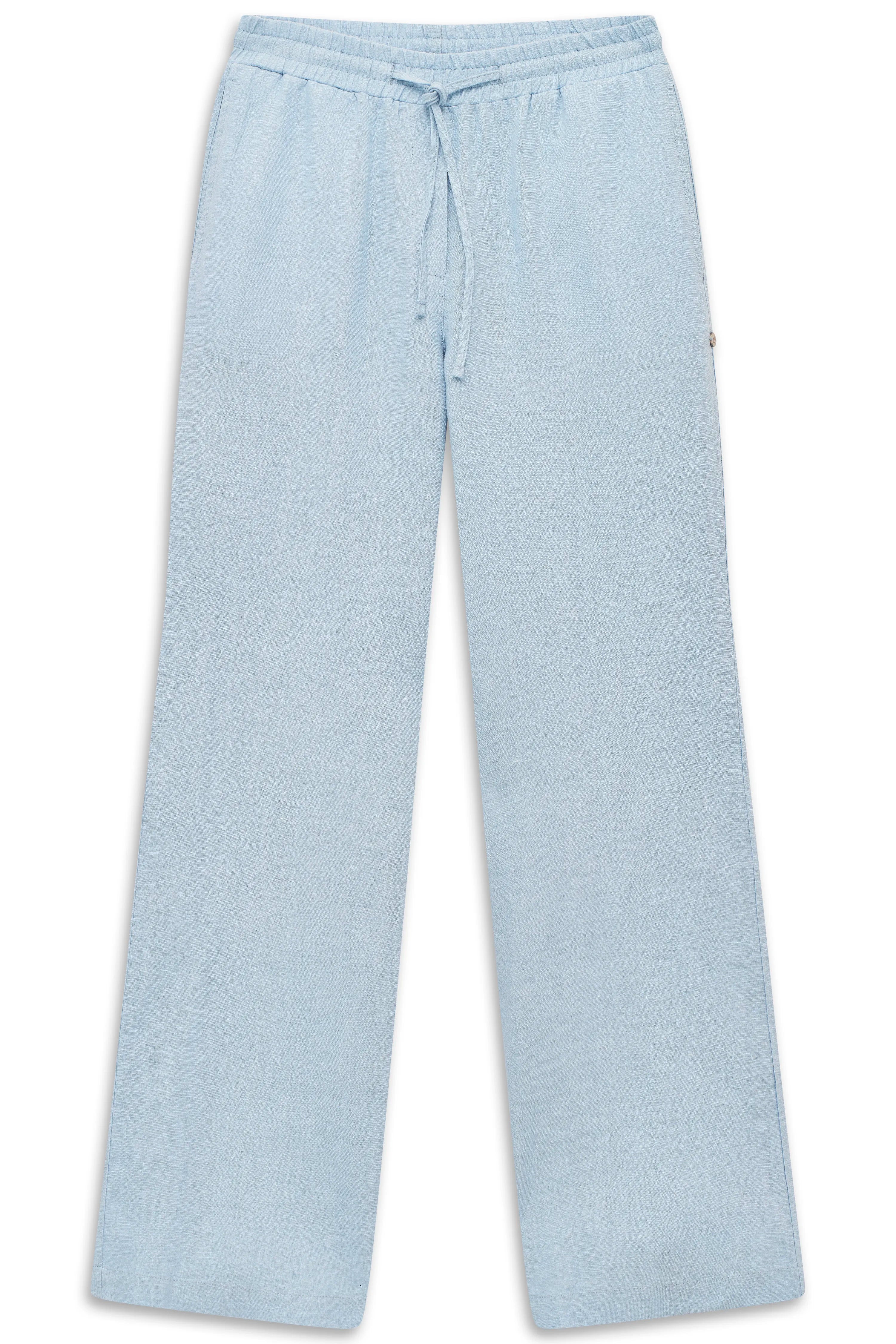 Hellblaue, locker geschnittene Hose von bugatti, Büstenbild, lässiger Stil.