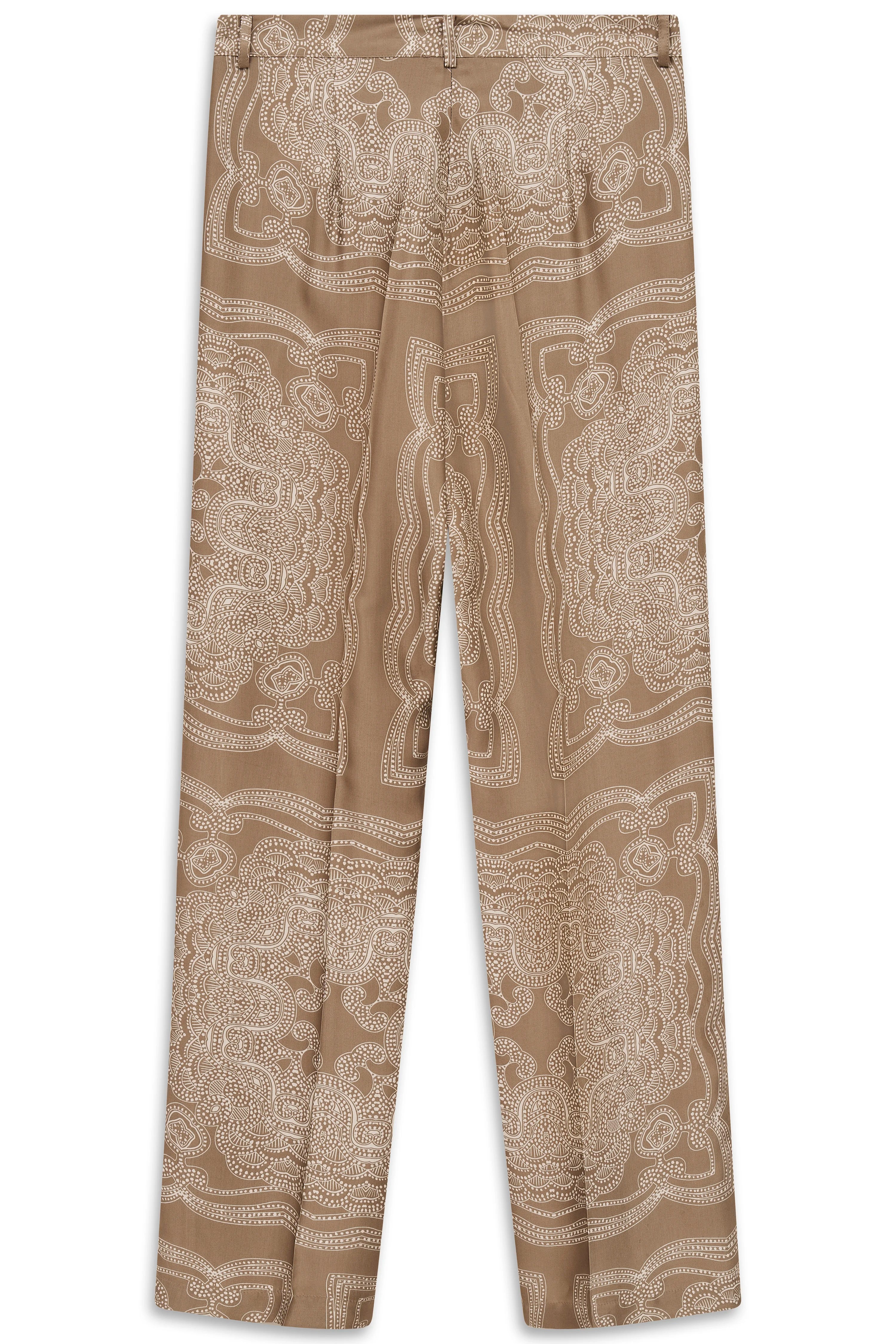 Beige bugatti Hose mit weißem Paisley-Muster. Büstenbild.
