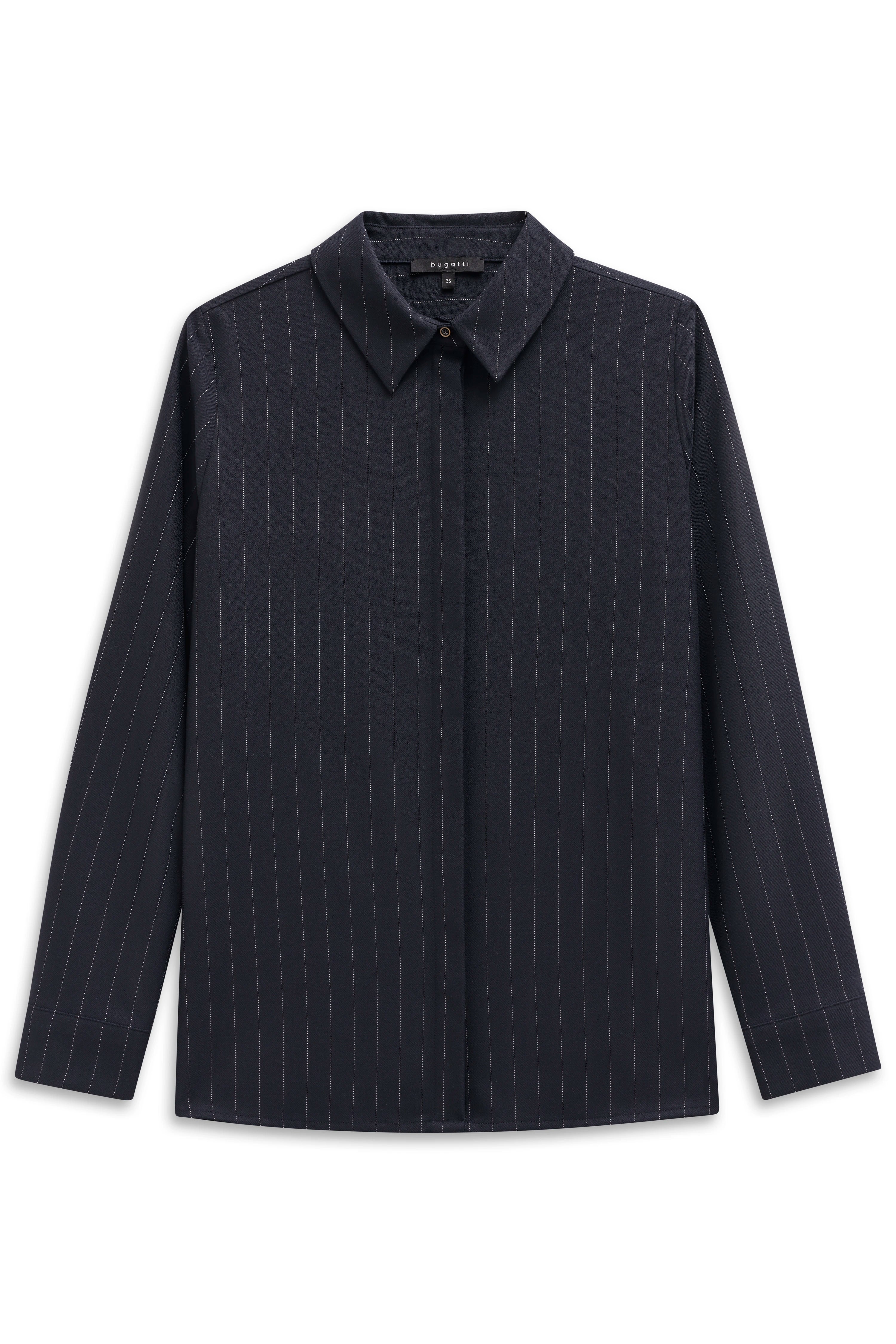 bugatti Hemd mit Streifenmuster in Dunkelblau, Büstenbild, klassischer Kragen, eleganter Look.