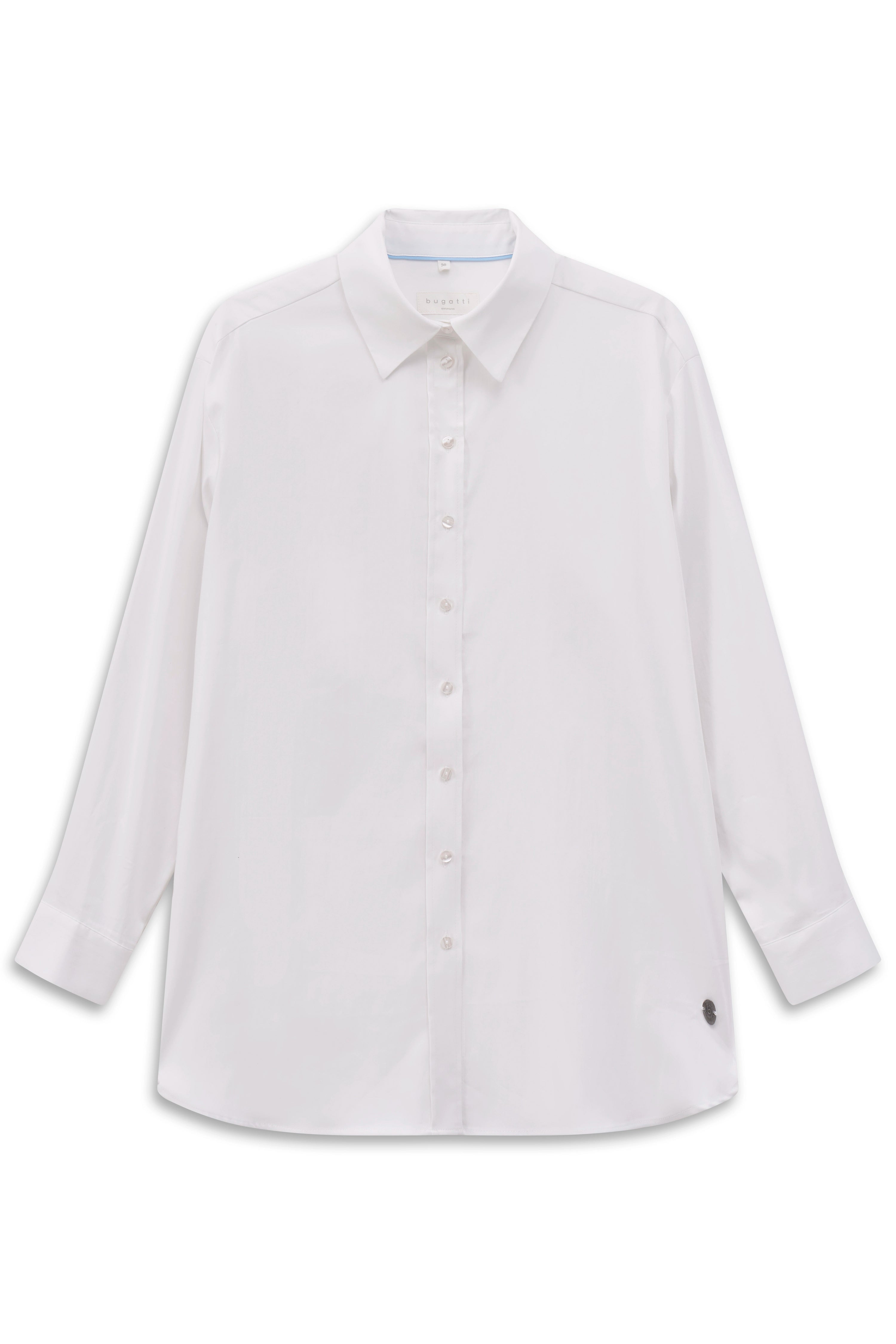 Weiße bugatti Bluse, langärmelig, klassischer Kragen, Büstenbild, zeitlose Eleganz.