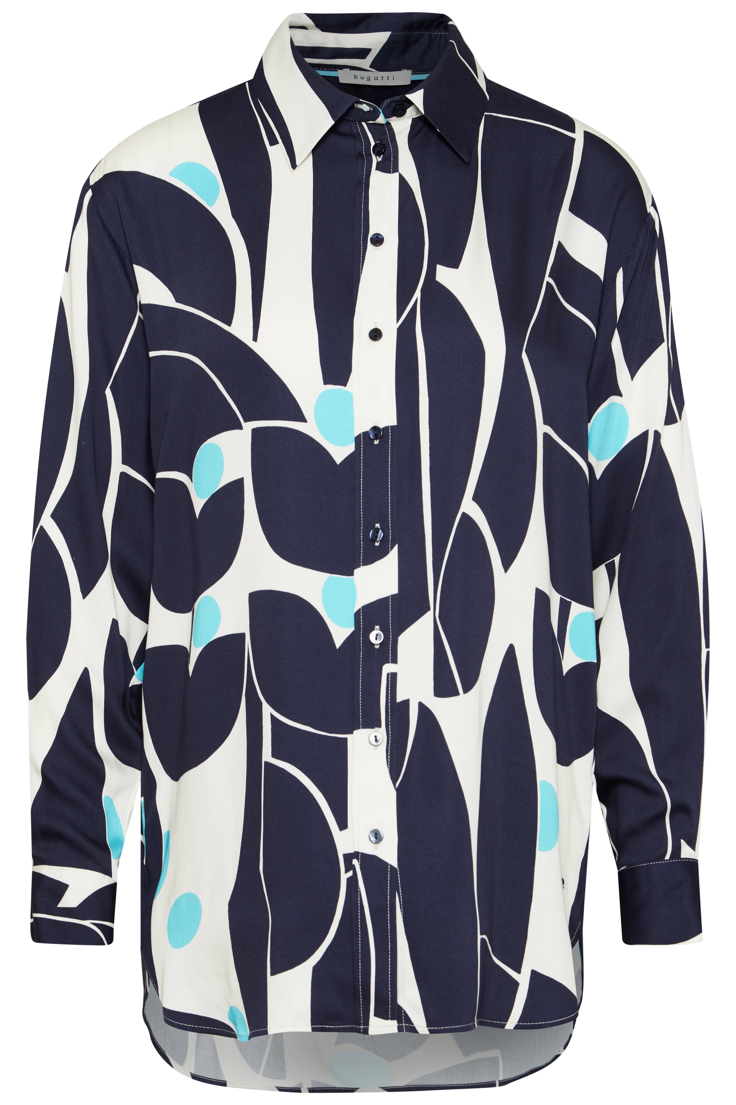 Bluse von bugatti, dunkelblau-weiß mit abstraktem Muster, türkis Akzente, Büstenbild.