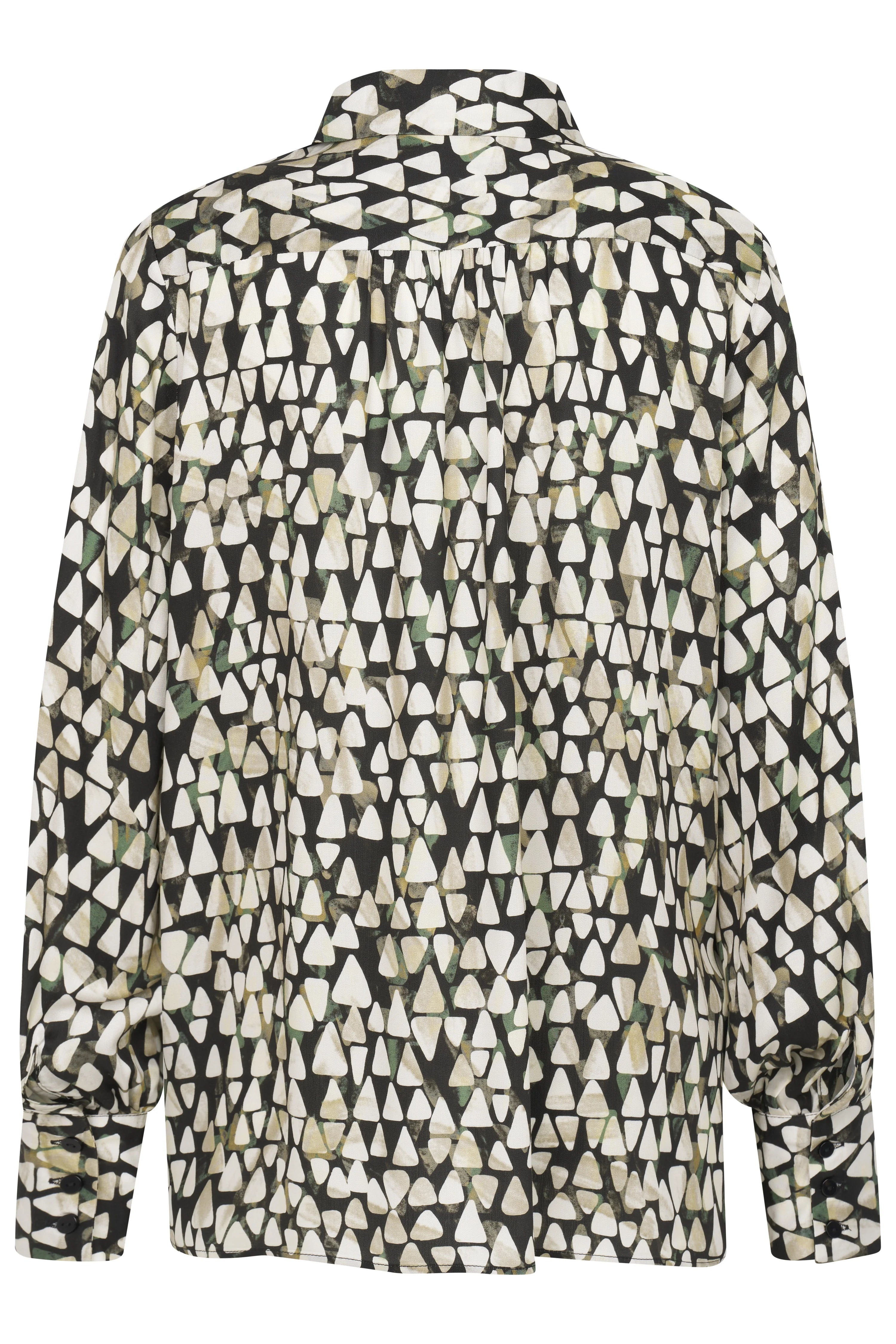 bugatti Bluse mit geometrischem Muster in Schwarz, Weiß und Grün, Rückansicht, leger.