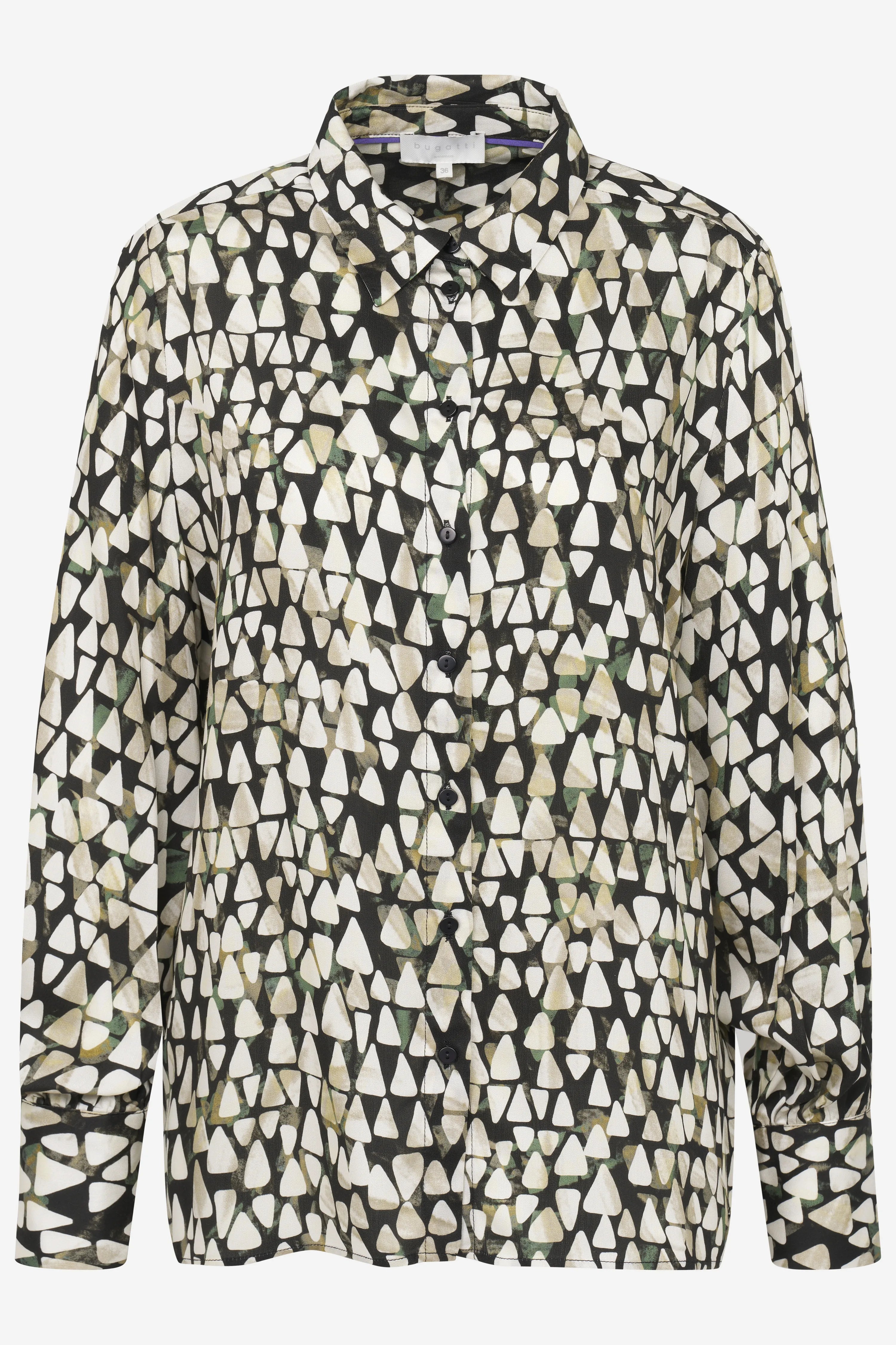 Bluse mit grafischem, dreieckigem Muster in Schwarz, Weiß und Beige. Büstenbild. Bugatti Stil.