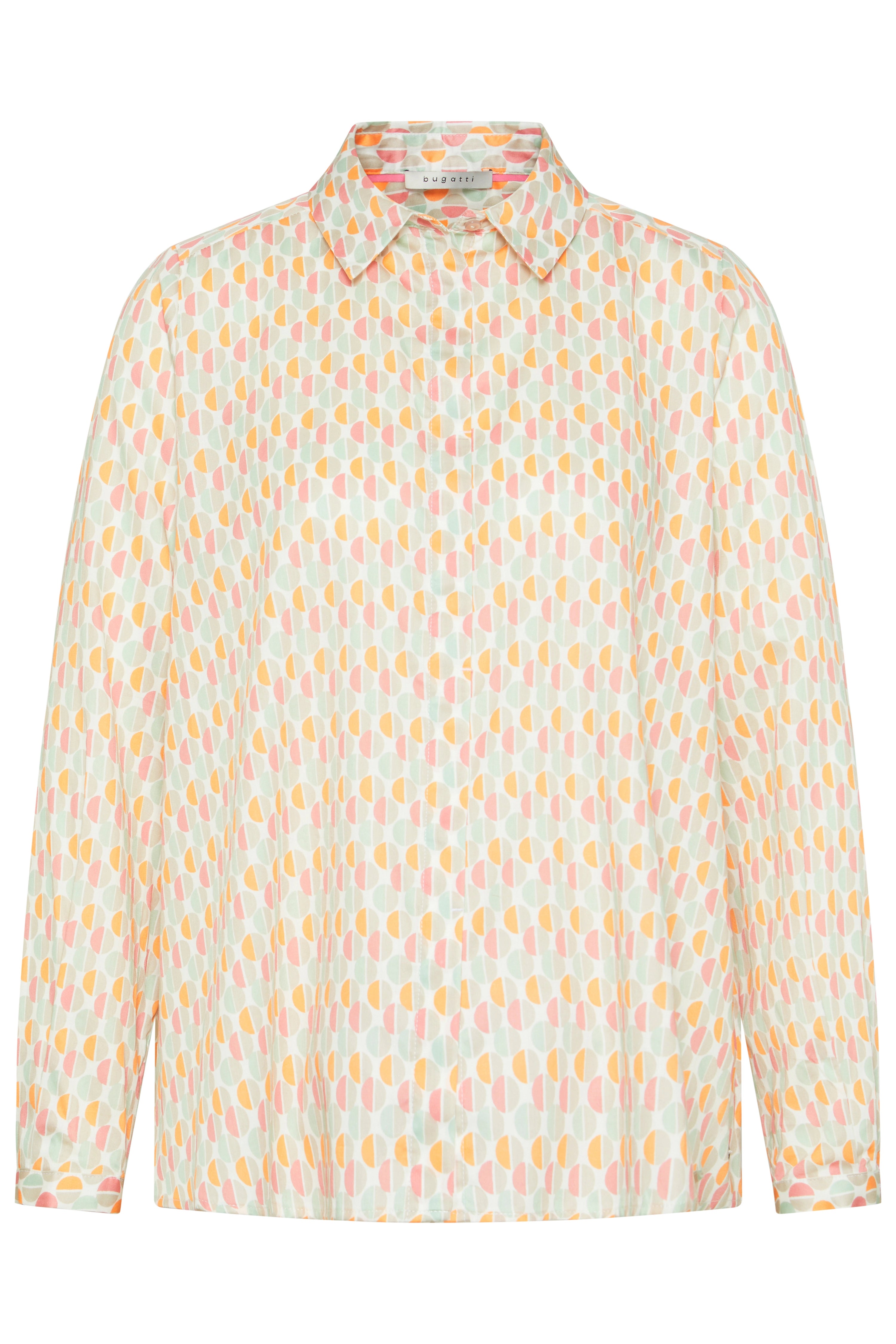 Langarmbluse von bugatti mit buntem geometrischem Muster in Pastellfarben, Büstenbild.