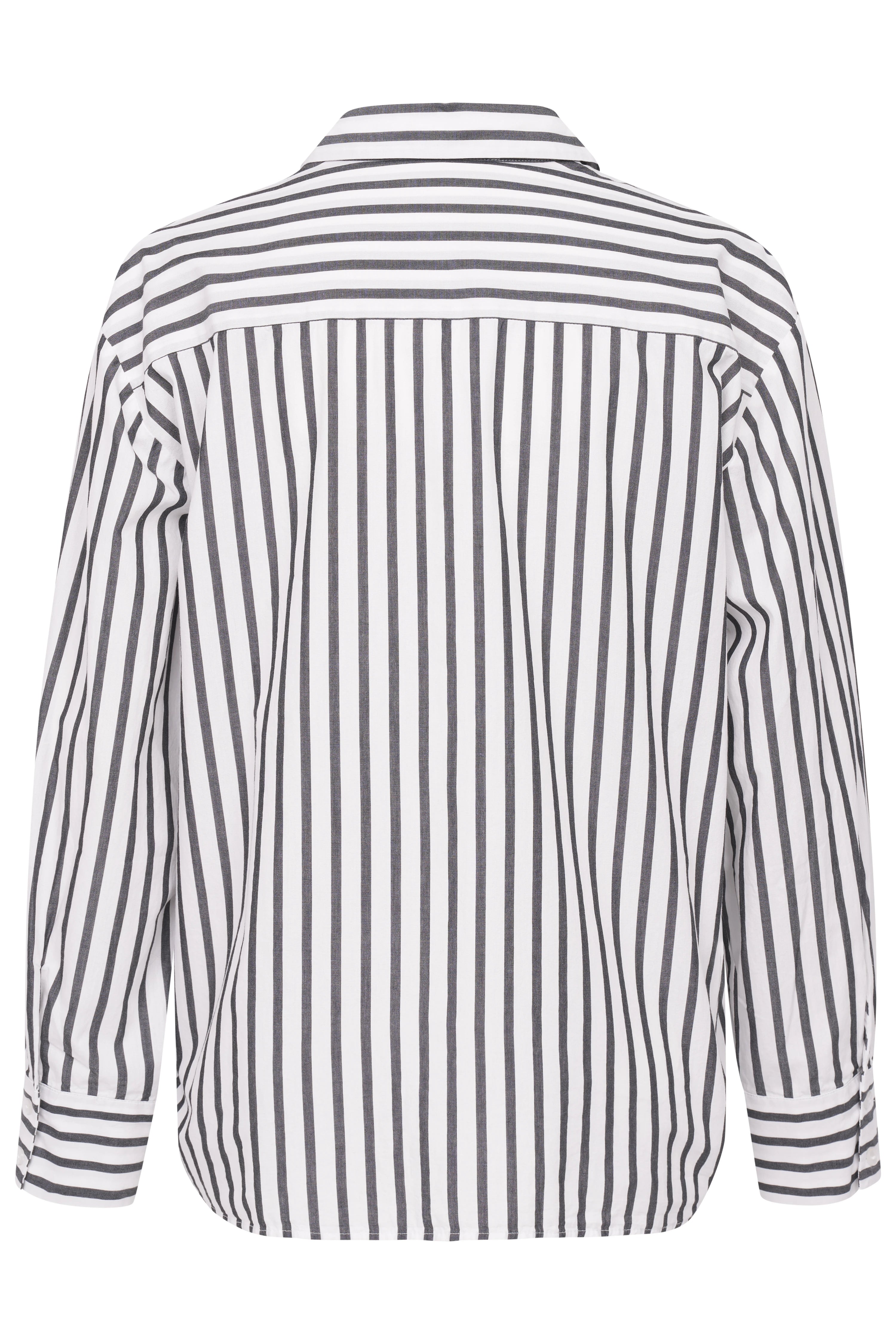 Striped black-and-white bugatti blouse, back view, casual design.