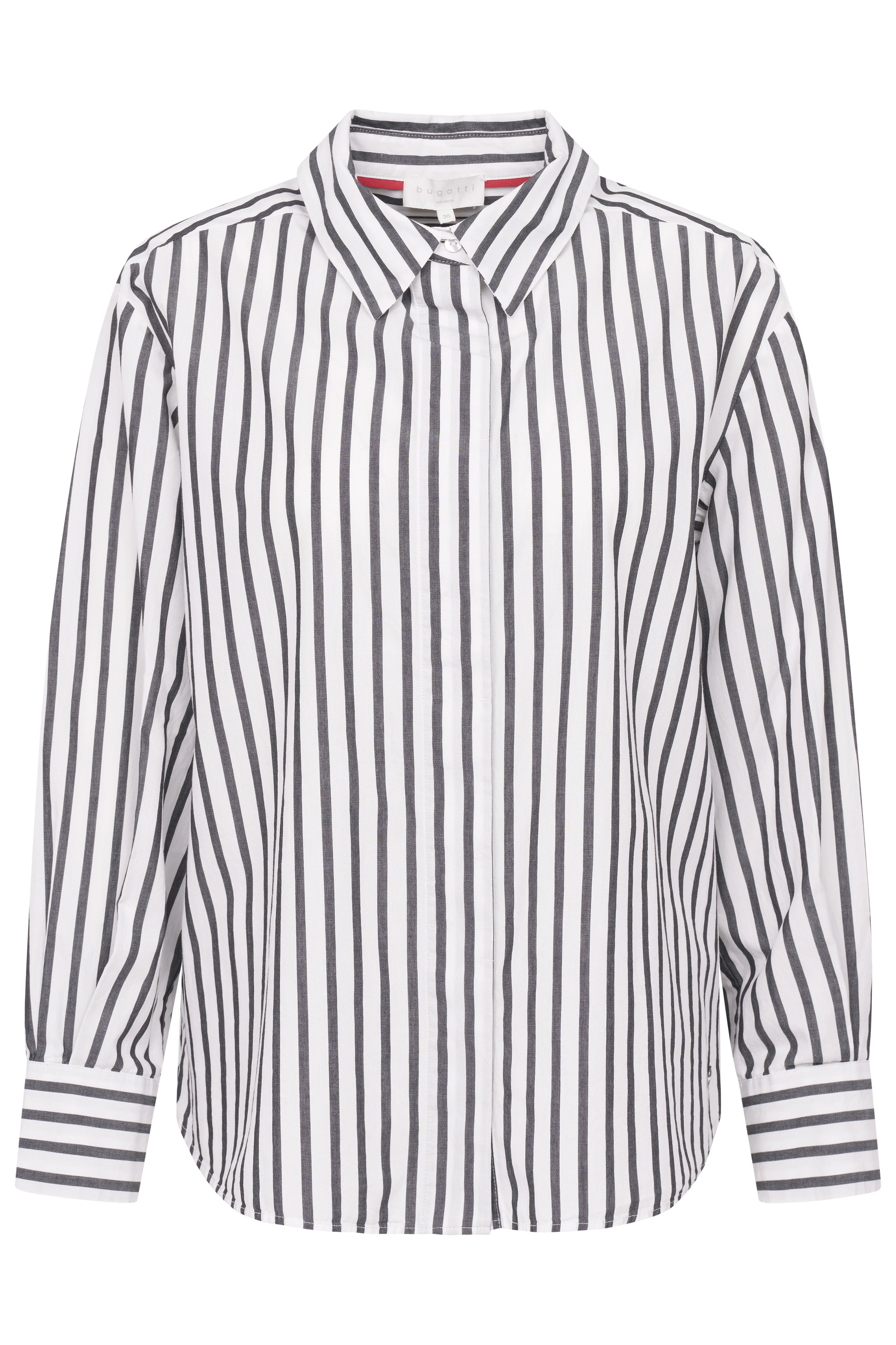 Striped blouse in black and white, bust view, stylish and timeless, bugatti elegance.