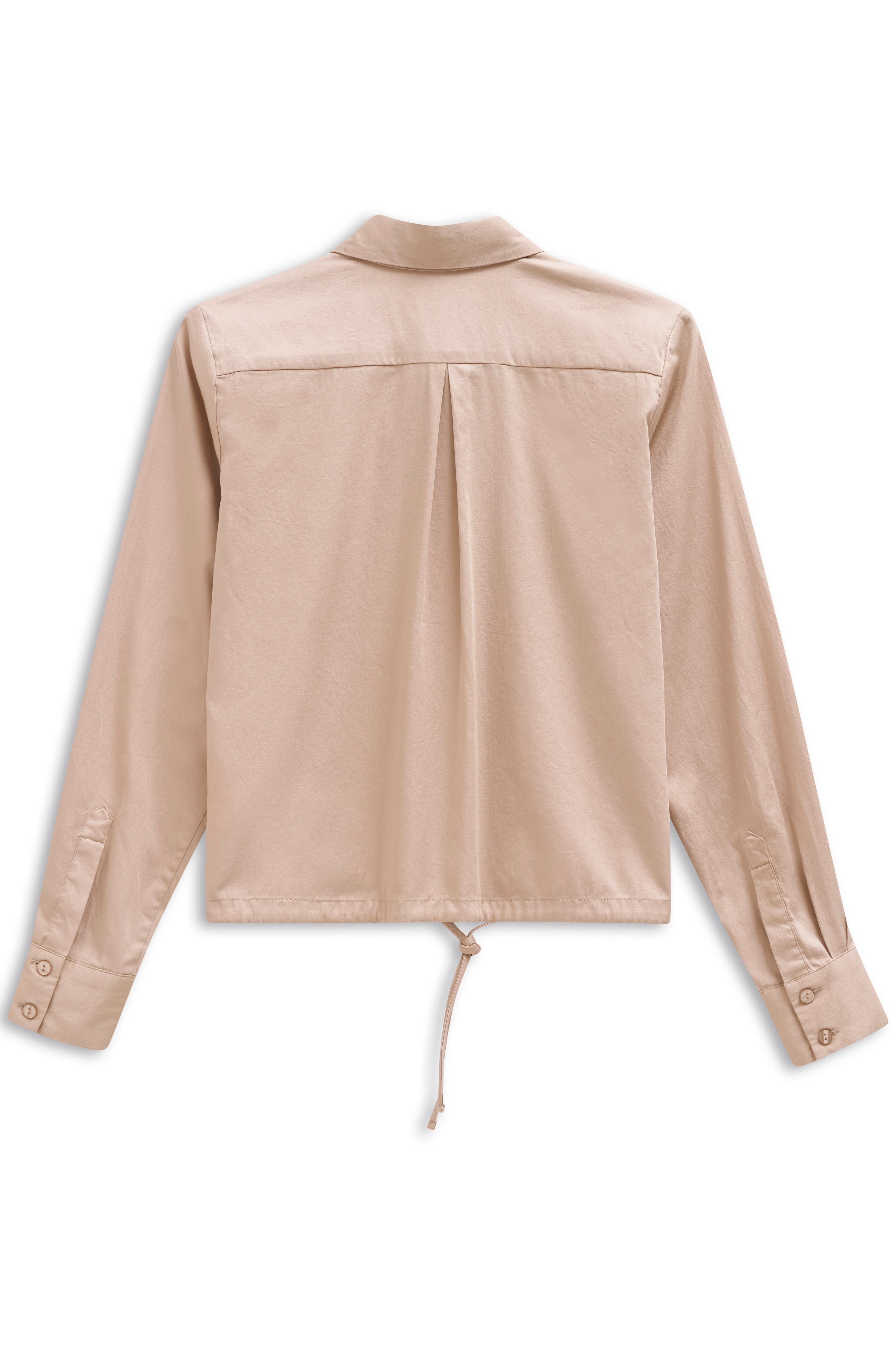 Beige bugatti Bluse, Rückansicht, mit Kragen und Kordelzug, legeres Büstenbild.